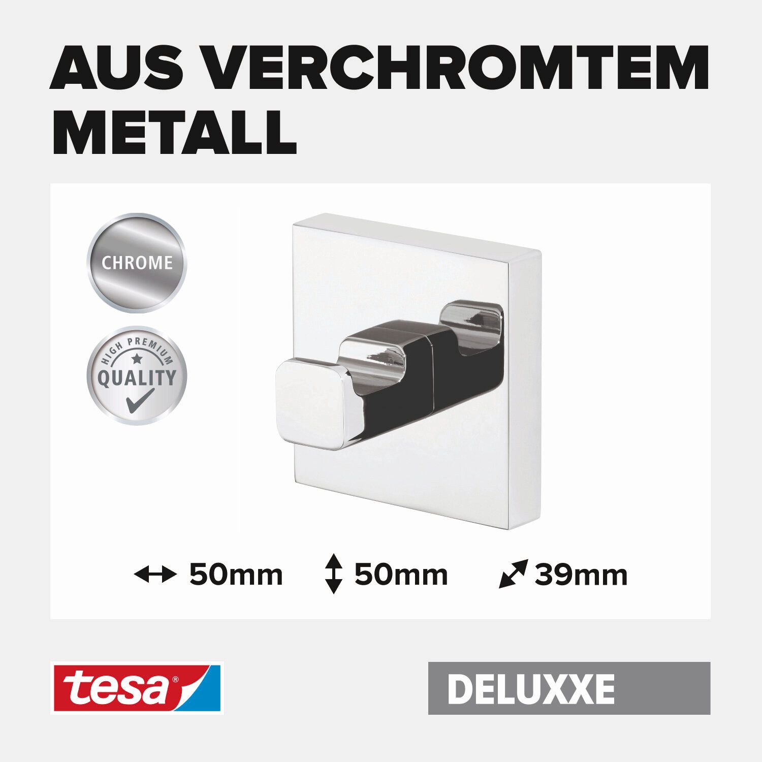 tesa Handtuchhaken DELUXXE Handtuchhaken ohne Bohren - 5,0 cm : 12,5 cm : 5,0 cm, Wandmontage, Gäste-WC, Badezimmer, (Packung, 1-St., inkl. Klebelösung), selbstklebender Handtuchhalter - chrom - silber glänzend