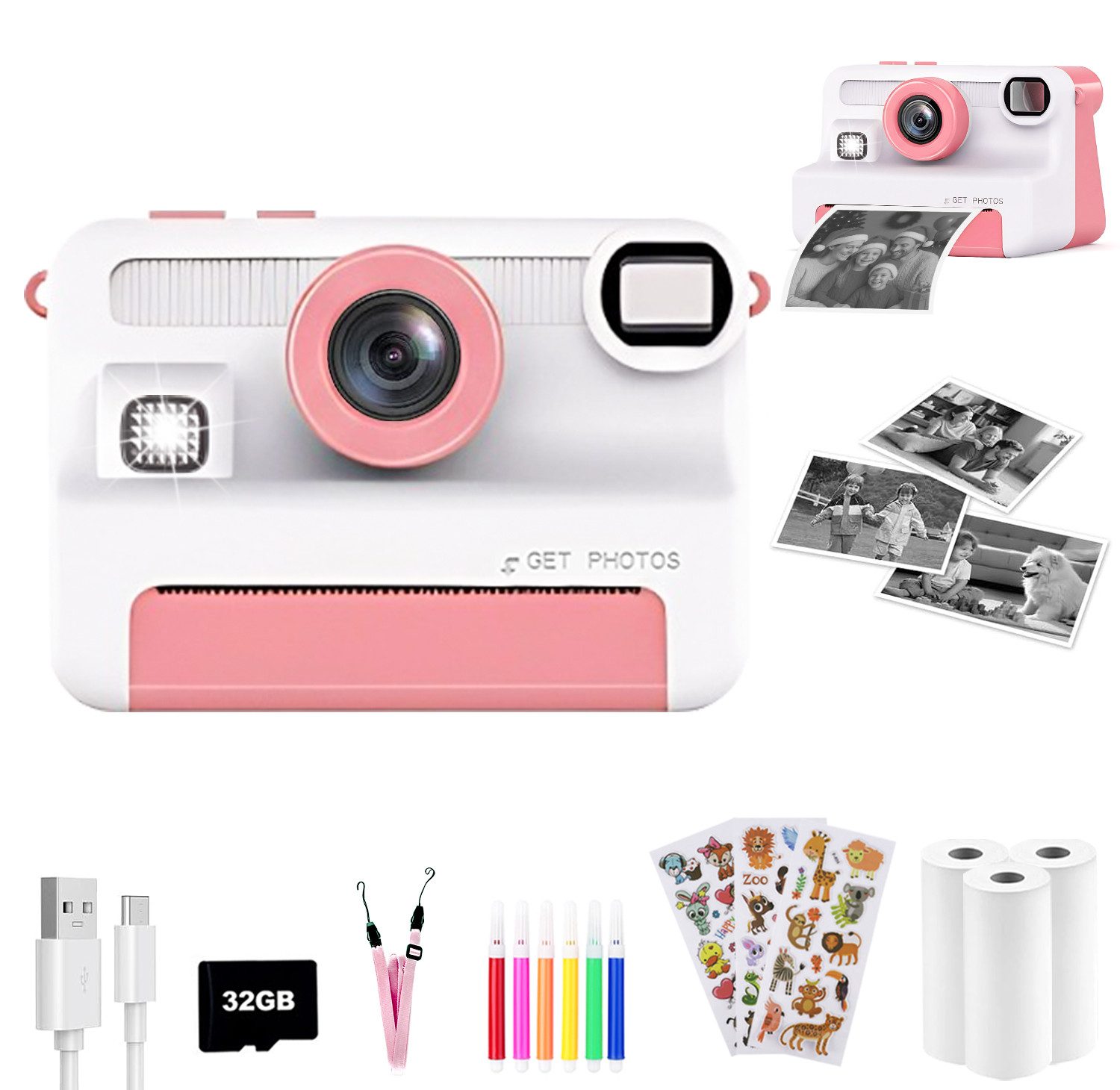 SWGOTA 1080P Kinderkamera Sofortbildkamera, 2,4 Zoll Digitalkamera Kinder Kinderkamera (30 MP, 8x opt. Zoom, 30MP Sofortbildkamera Kinder,3 Druckpapier,32GB Karte,für 3-14 Jahren)