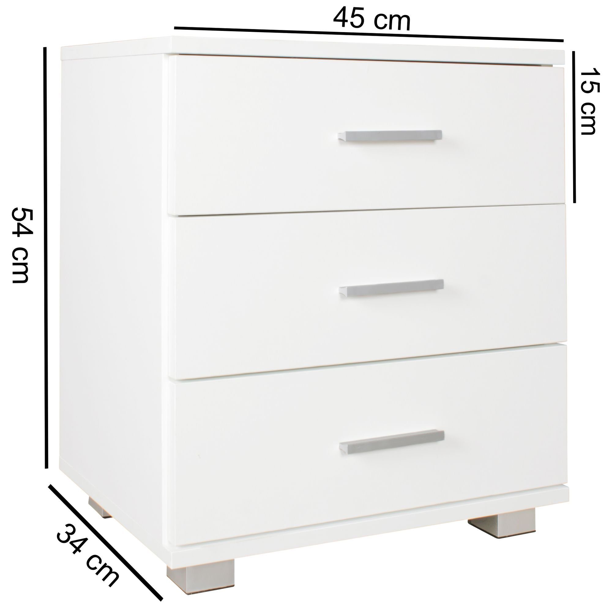 Nachtkonsole (Nachttisch 3 cm), Wohnling Modern Schubladen Nachtkästchen 45x54x34 Weiß Nachtkommode WL5.149 mit Boxspringbett,