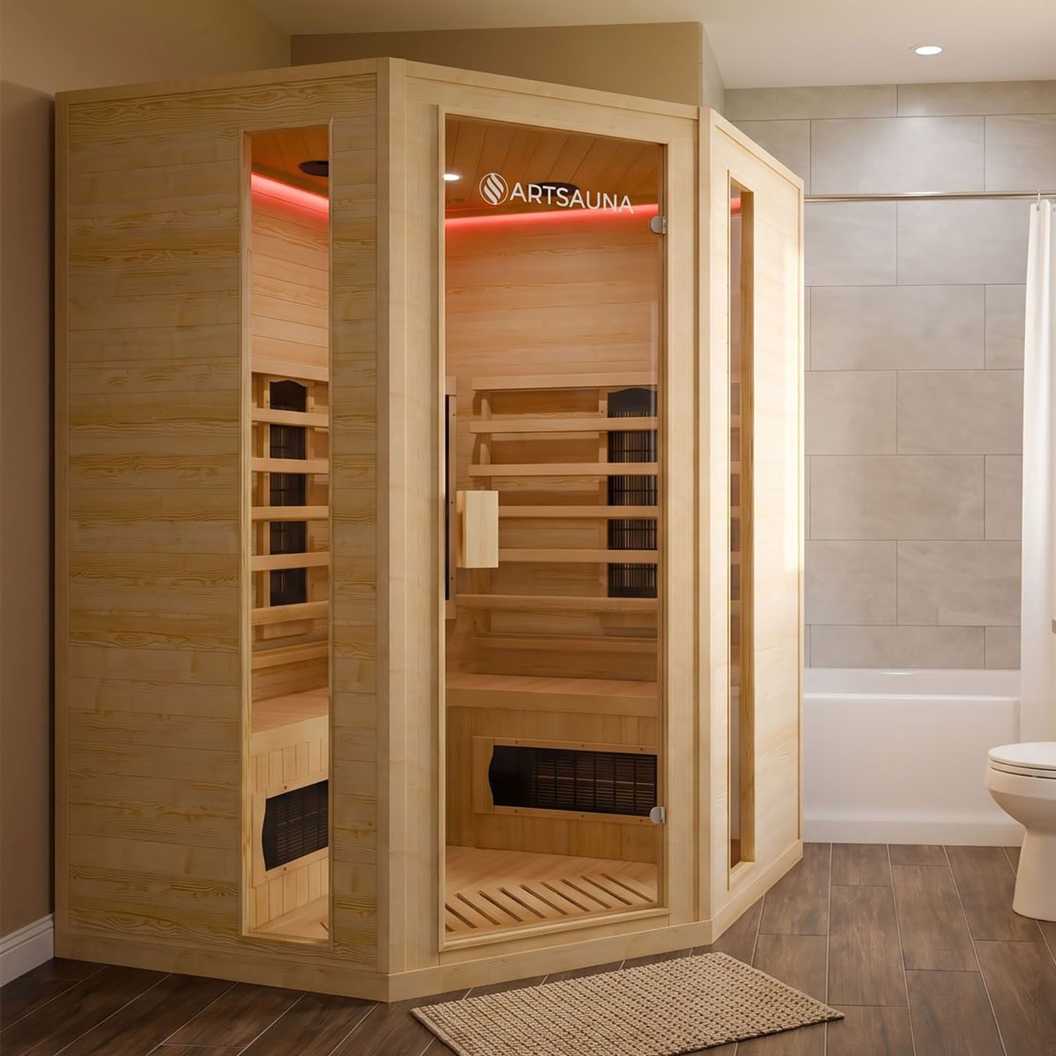 Artsauna Infrarotkabine Nyborg E150K Dual Technologie, für 4 Personen, Hemlock-Holz, HiFi-System, Ionisator, LED-Farblicht