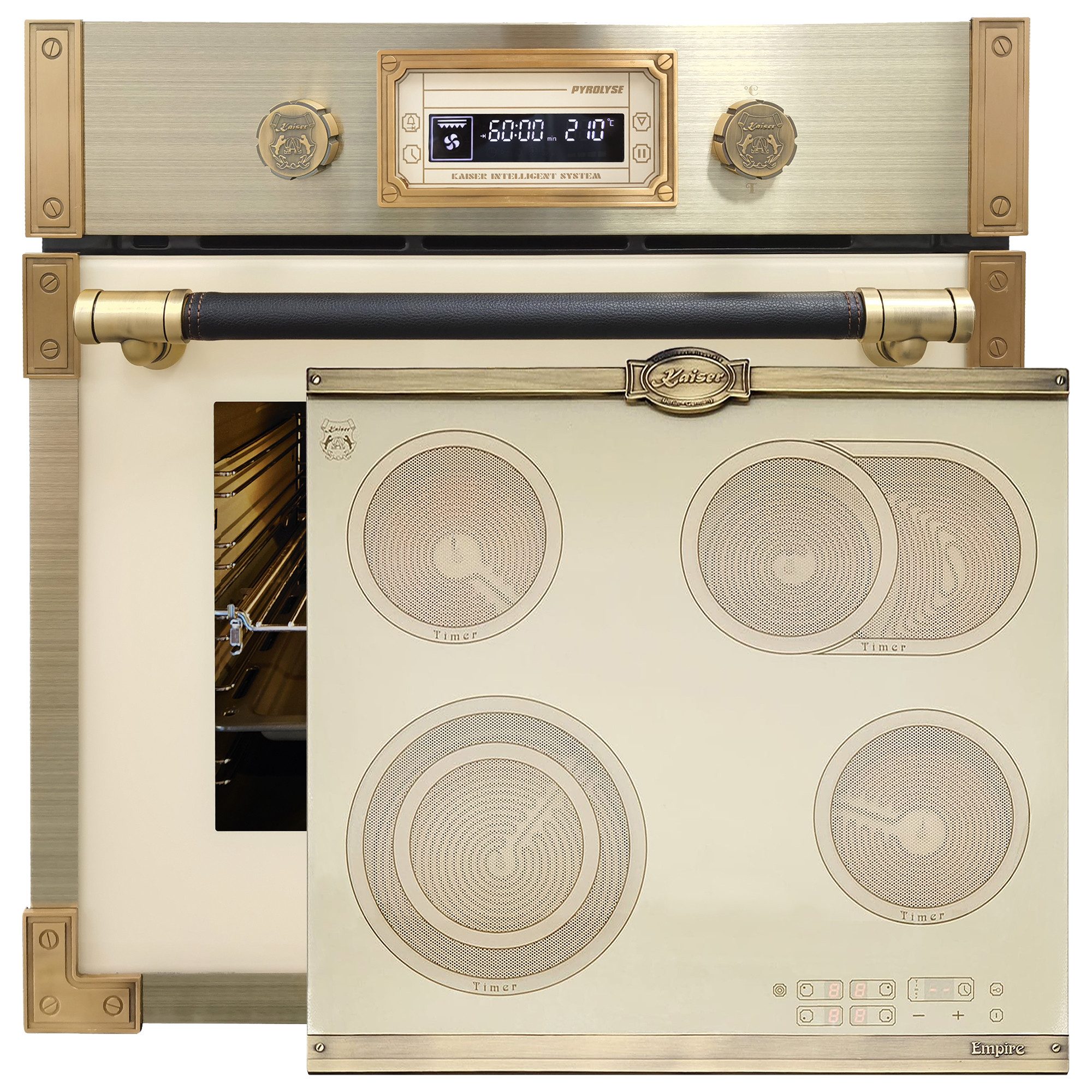 Kaiser Küchengeräte Backofen-Set Herd Set Autark Retro Einbau Backofen Elektro, 73 L mit Glaskeramik Kochfeld 60cm Einbau Herd 4 QuickHeat-Kochzonen Hi-Light EH 6427 ElfAD+KCT 6185 ElfEm, mit 1-fach-Teleskopauszug