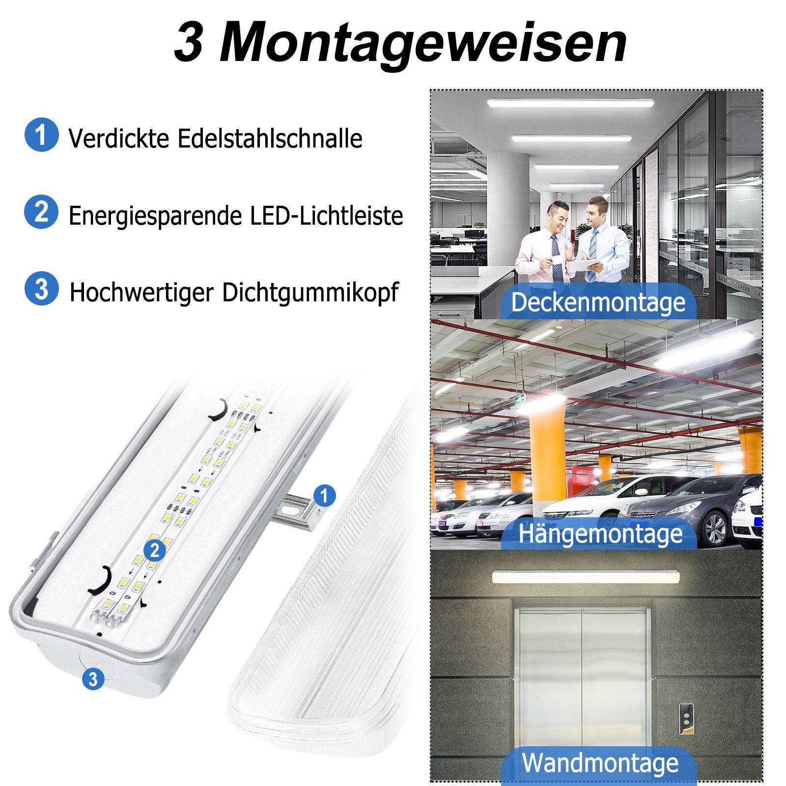 AUFUN LED Lichtleiste 2x Feuchtraumleuchte aus Polycarbonat, 36W/48W, 36W