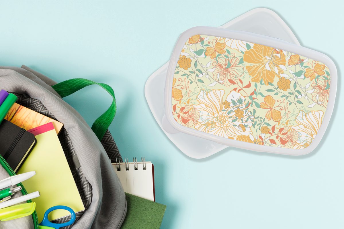 MuchoWow Lunchbox Blumen - Muster und Mädchen Erwachsene, Brotbox Schmetterlinge, Kinder (2-tlg), Kunststoff, für weiß - und Jungs für Brotdose