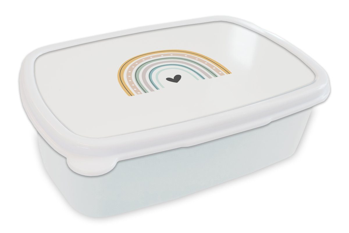 MuchoWow Lunchbox Regenbogen - Herz - Tupfen - Pastell - Kinder, Kunststoff, (2-tlg), Brotbox für Kinder und Erwachsene, Brotdose, für Jungs und Mädchen weiß