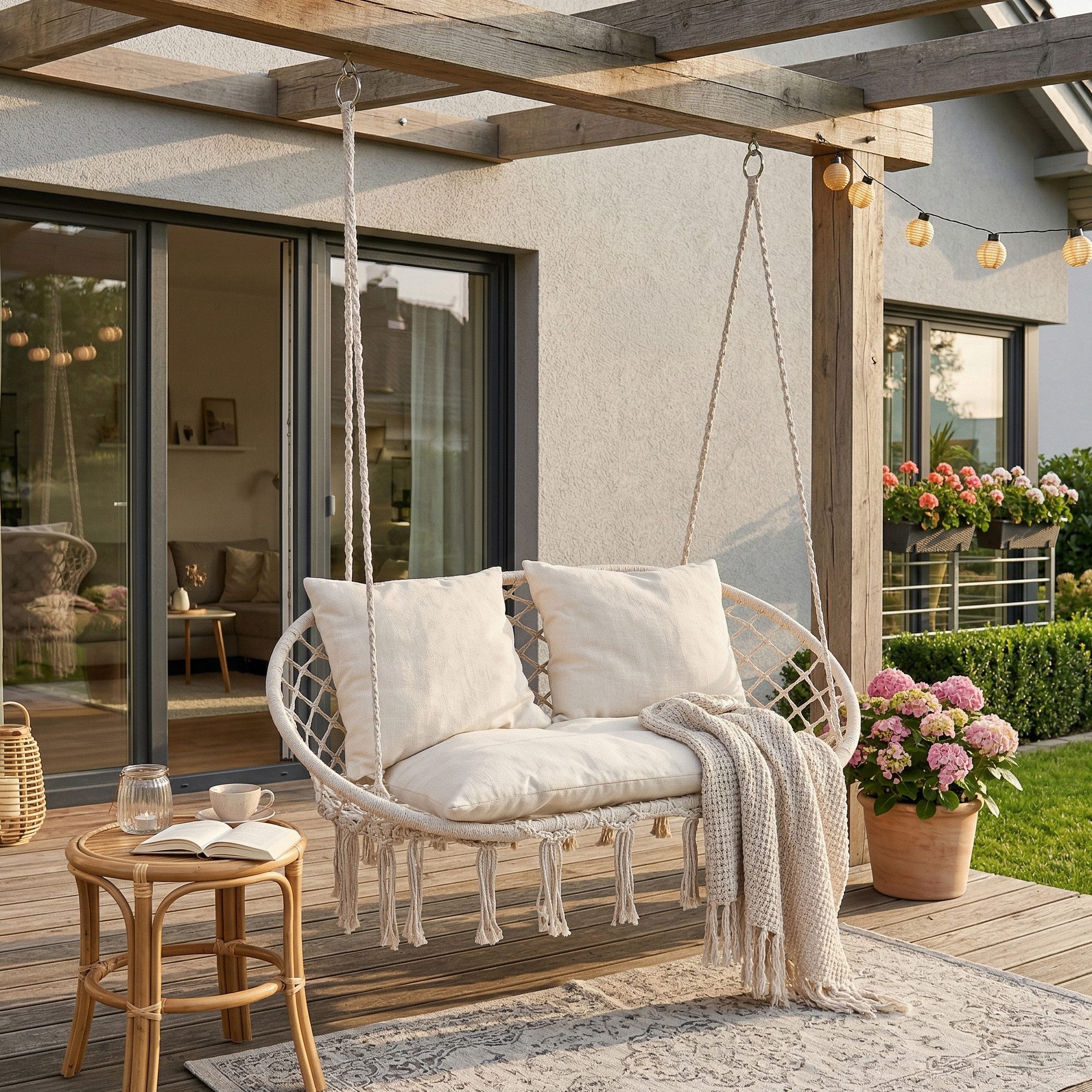 casa.pro Hängesessel (mit Kissen), »Kailua« 2-Sitzer 135x129x65 cm 200 kg Indoor Outdoor Cremeweiß