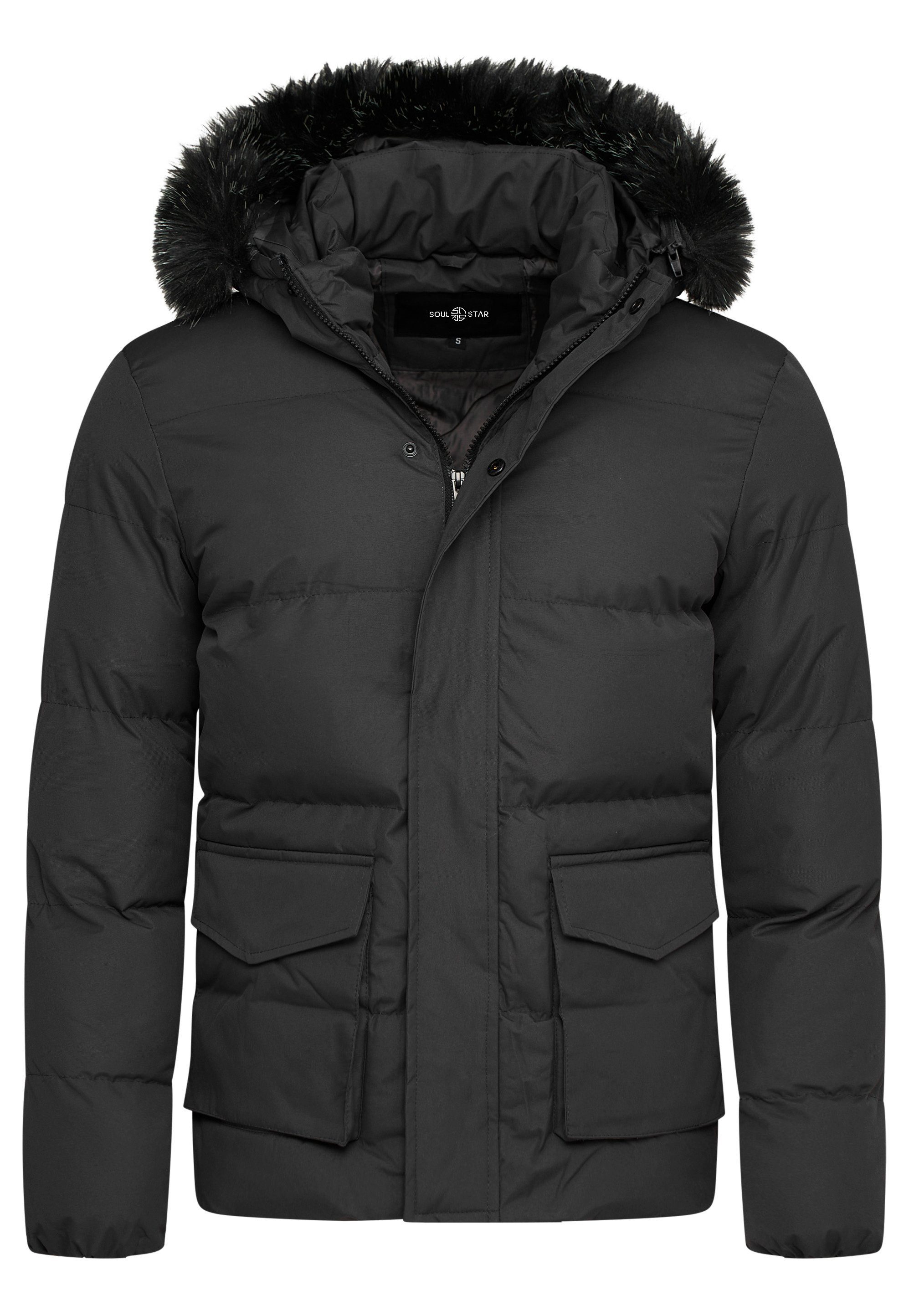 SOULSTAR Winterjacke S2RISOR Parka Lang Puffer Jacke mit Kapuze & abnehmbarem Kunstfell Pufferjacke Black