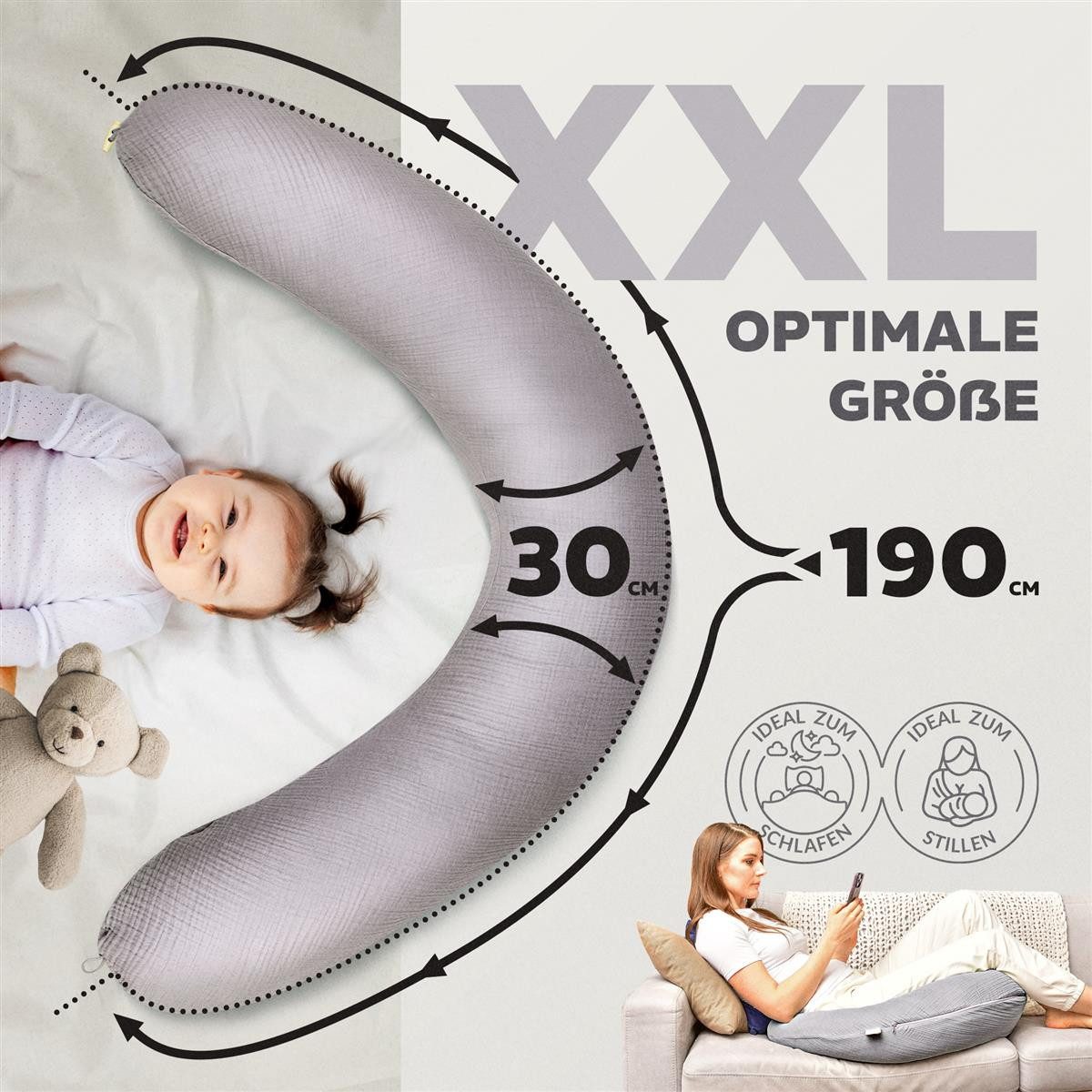 SEI Design Stillkissen Seitenschläferkissen Babynestchen Kuschelnest XXL, Schwangerschaftskissen mit Bezug, Schwangerschaftskissen mit Bezug, Bezug 100% Baumwol – Bild 4 von 5