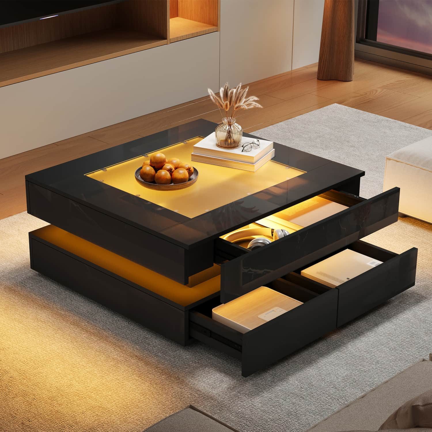 ANYSUN Couchtisch Hochglanz Sofatisch mit 3 Schubladen,Rundum-LED-Beleuchtung,Glasplatte (1 Beistelltisch für Wohnzimmer,Schwarz,Belastbarkeit bis 30 kg), Quadratischer Wohnzimmertisch mit App-Steuerung,Stauraum,70x70x35 cm