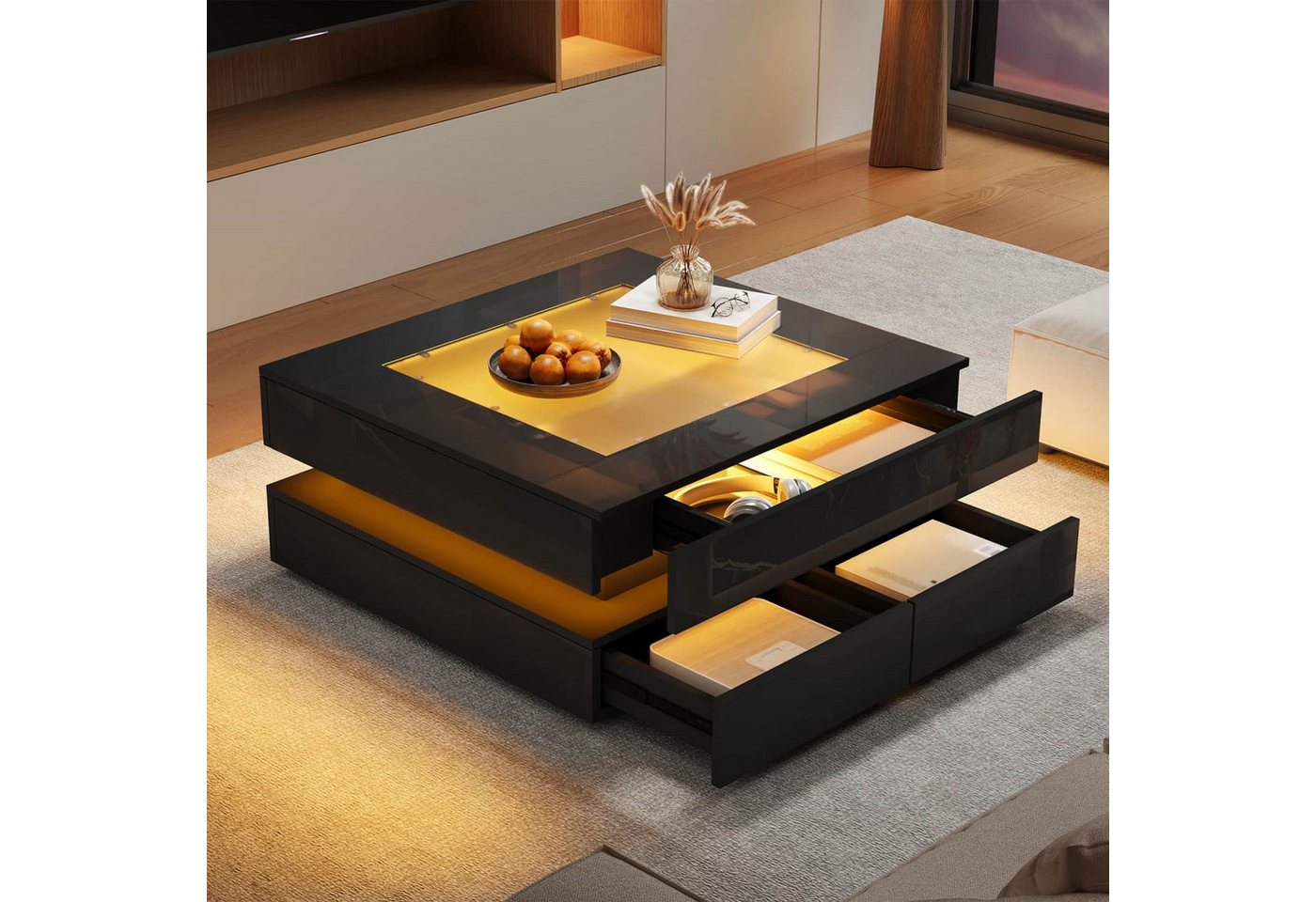 ANYSUN Couchtisch Hochglanz Sofatisch mit 3 Schubladen,Rundum-LED-Beleuchtung,Glasplatte (1 Beistelltisch für Wohnzimmer,Schwarz,Belastbarkeit bis 30 kg), Quadratischer Wohnzimmertisch mit App-Steuerung,Stauraum,70x70x35 cm