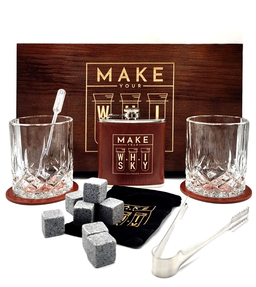 Mixcompany Geschenkbox Make your Whisky Set Geschenkset in Holzbox mit 2x Tumbler + 2x Unter