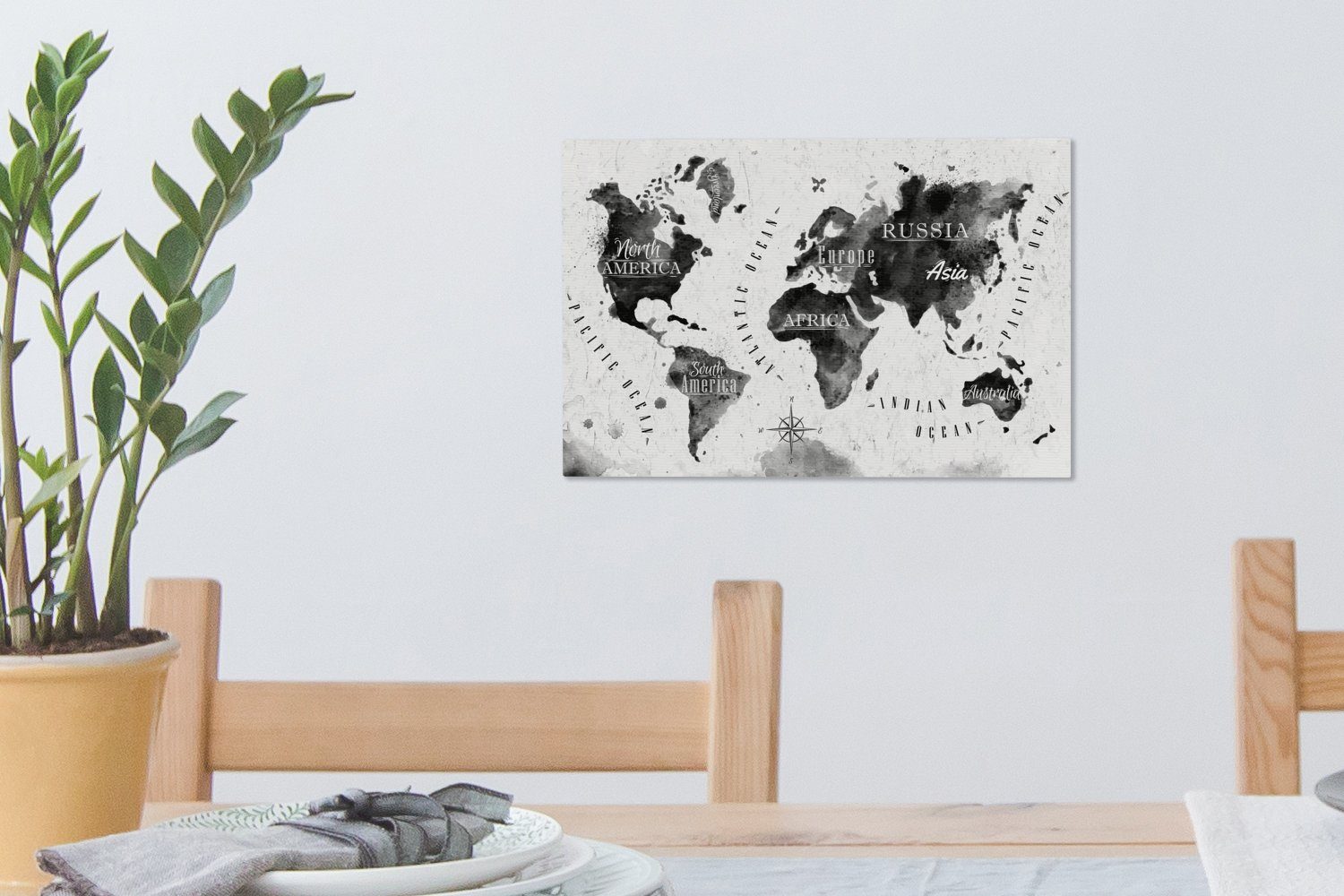 Weiß, - - (1 St), Schwarz Leinwandbilder, - 30x20 OneMillionCanvasses® Weltkarte Leinwandbild Wandbild Aquarell Wanddeko, Aufhängefertig, cm