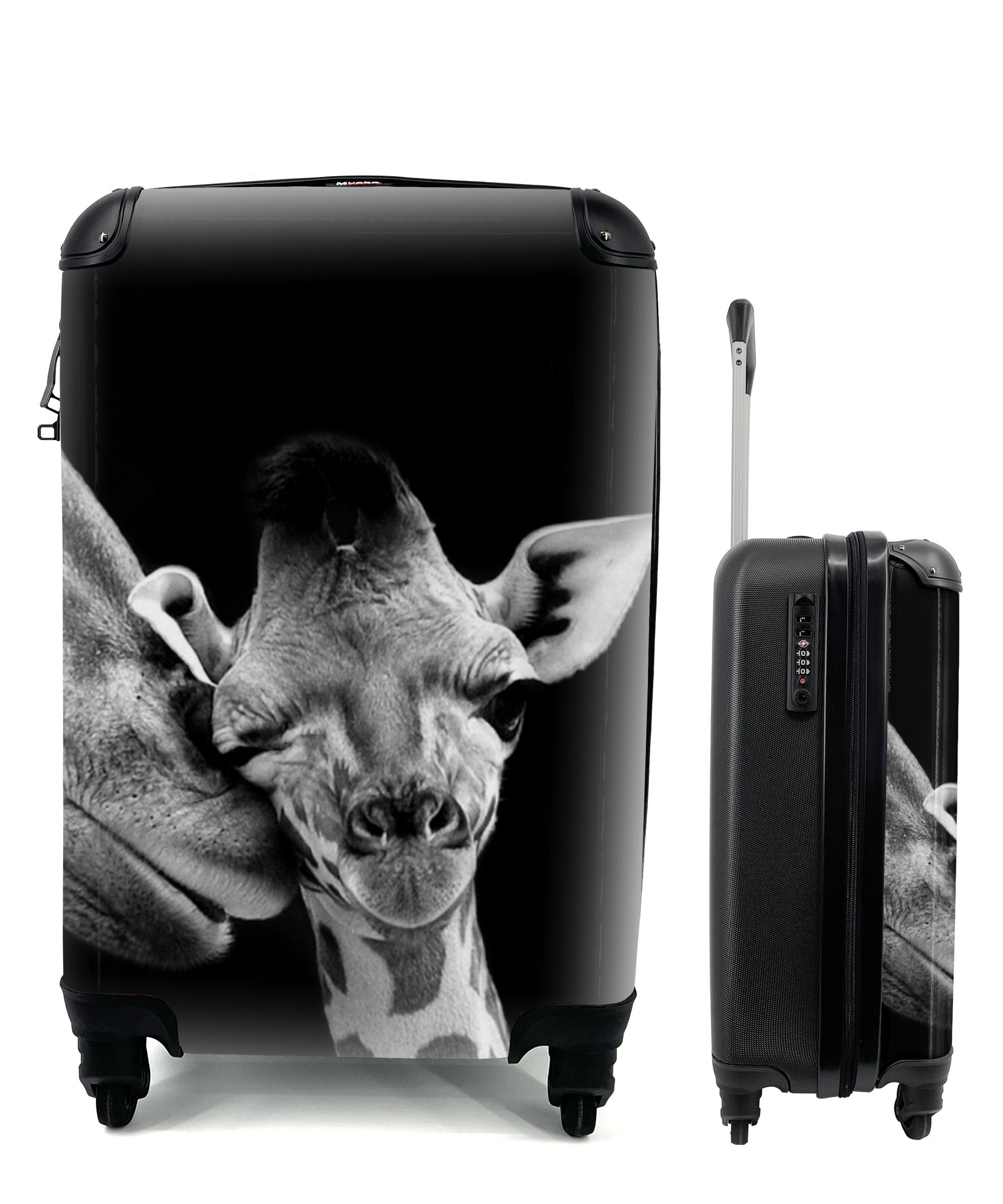Ferien, MuchoWow Handgepäckkoffer - Schwarz Reisekoffer mit - Weiß Giraffe Handgepäck rollen, - - Porträt, Reisetasche 4 für Trolley, Rollen, Tiere