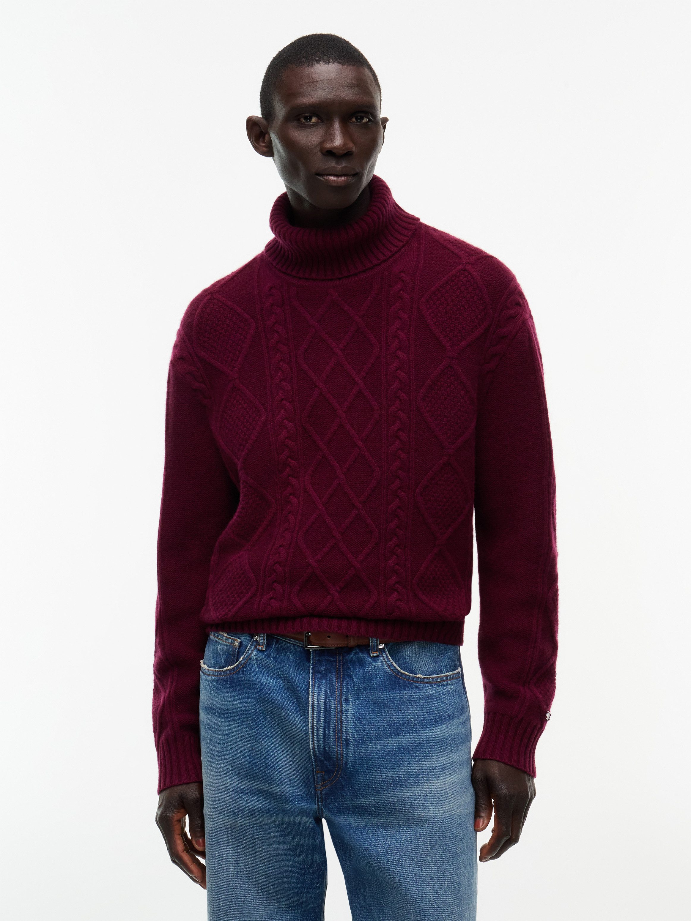 Tommy Hilfiger Rollkragenpullover NY WOOL CABLE SWEATER aus Wollmix mit Kaschmir, Zopfstrickmuster