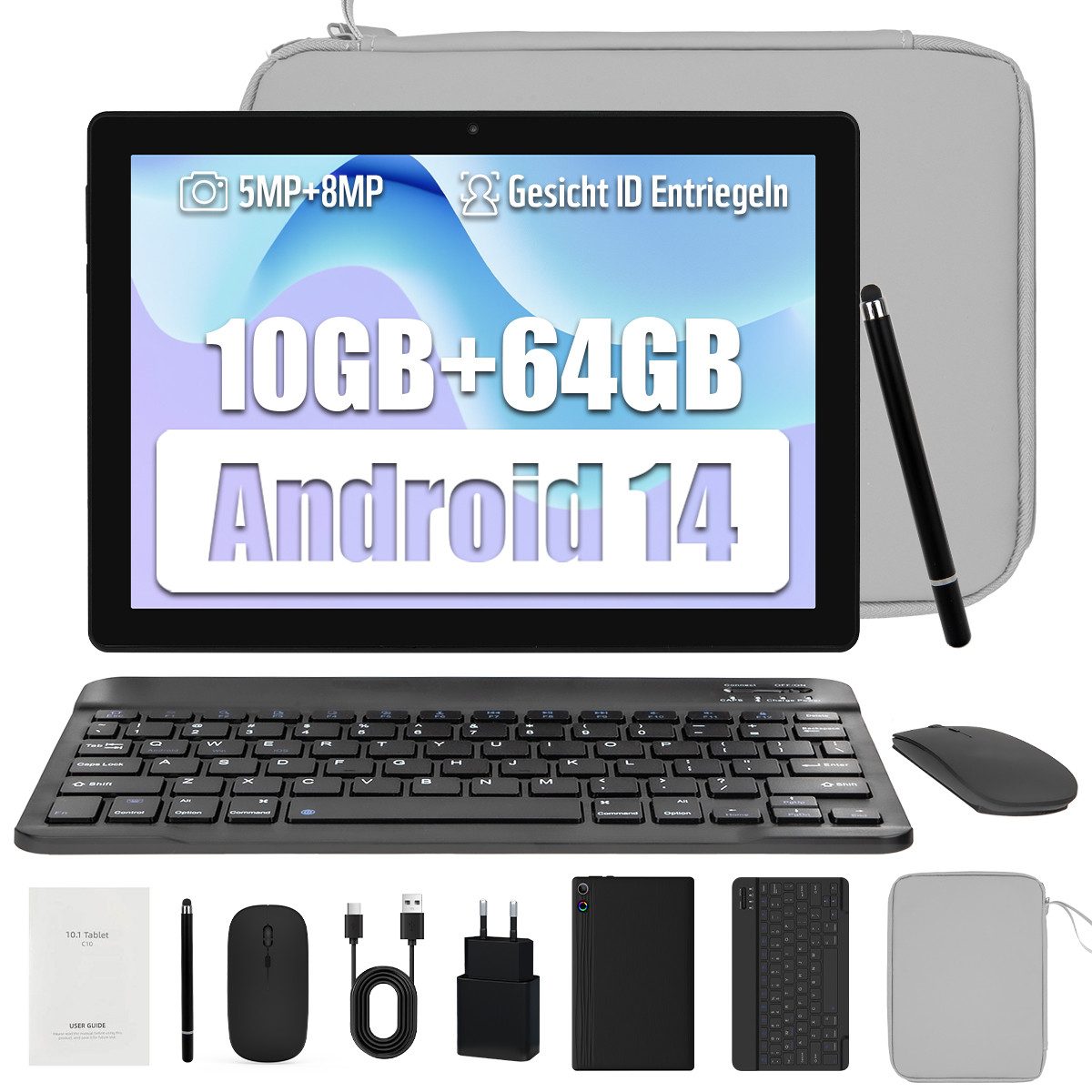 BUFO 10 Zoll Android 14 Octa-Core, 1280x800 IPS HD, 64GB, 5G WiFi Tablet (10", 64 GB, Andorid, 2,4G/5G WiFi, Android 14, mit Stift/Maus/Tastatur/Tasche, KI-Unterstützung)