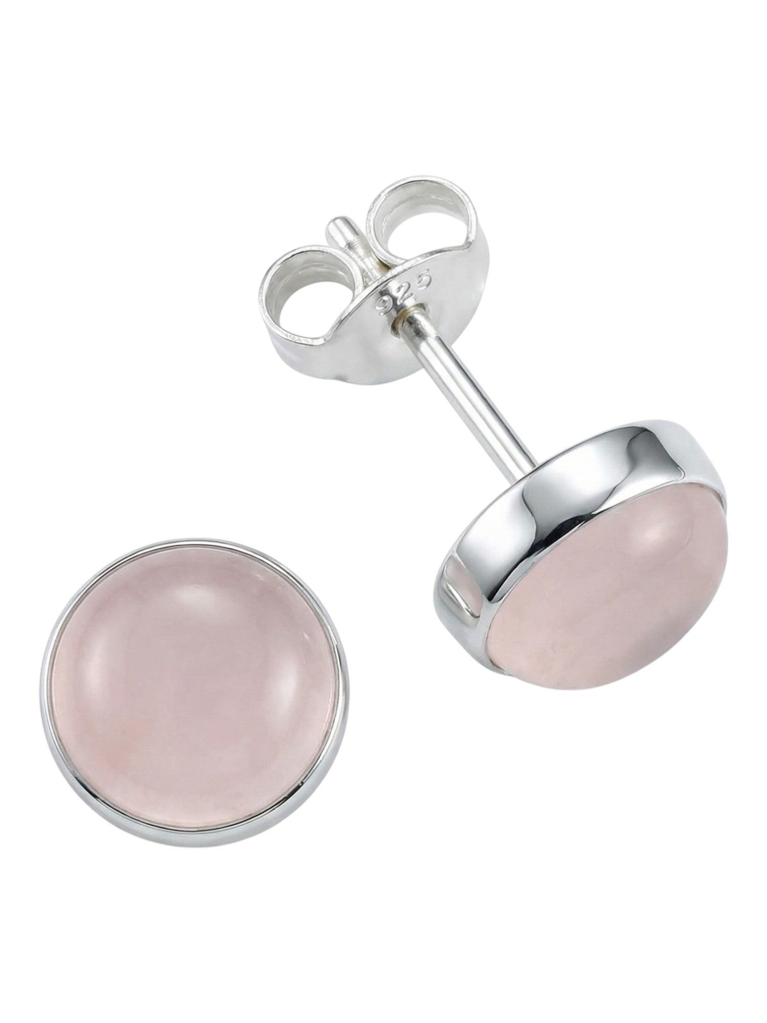 mantraroma Paar Ohrstecker SAMA rund medium aus 925 Silber mit Rosenquarz (Paar, Paar Ohrringe mit Schmuckbeutel), 925 Sterling Silber Ohrringe für Damen