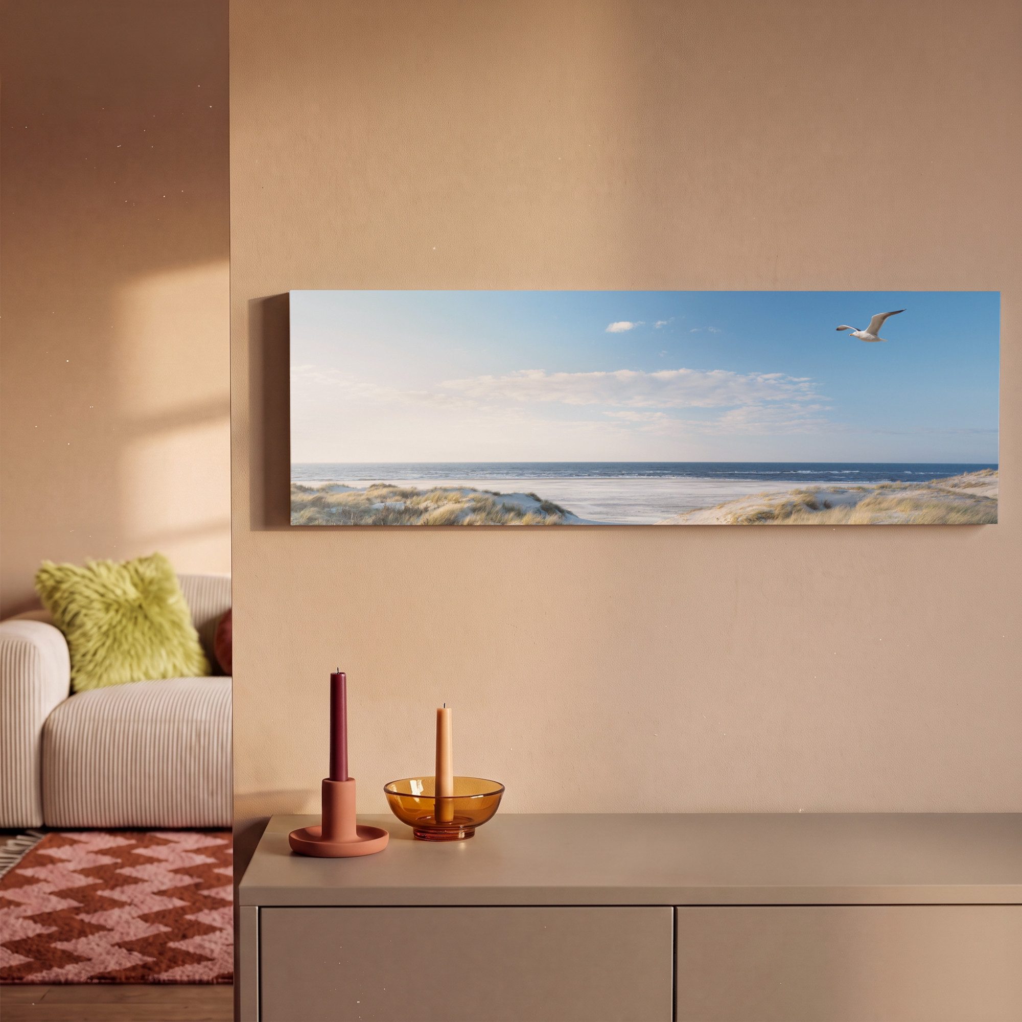 OneMillionCanvasses® Leinwandbild Panorama Düne - Möwe - Strand - Meer - Sonne, Fotodruck (1 St), Wandbild, Deko Schlafzimmer Wohnzimmer Flur 60x20 cm – Bild 2 von 5