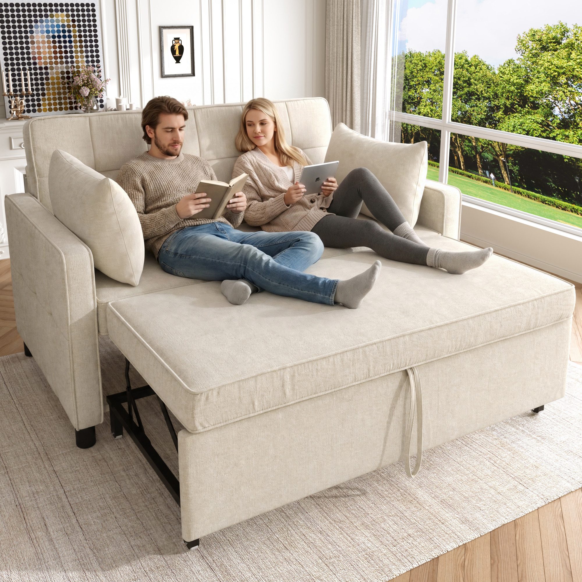 Merax 2-Sitzer Sofabett klappbar, 1 Teile, Polstersofa Sofa, verstellbare Rückenlehne, inkl. Kissen & Holzrahmen
