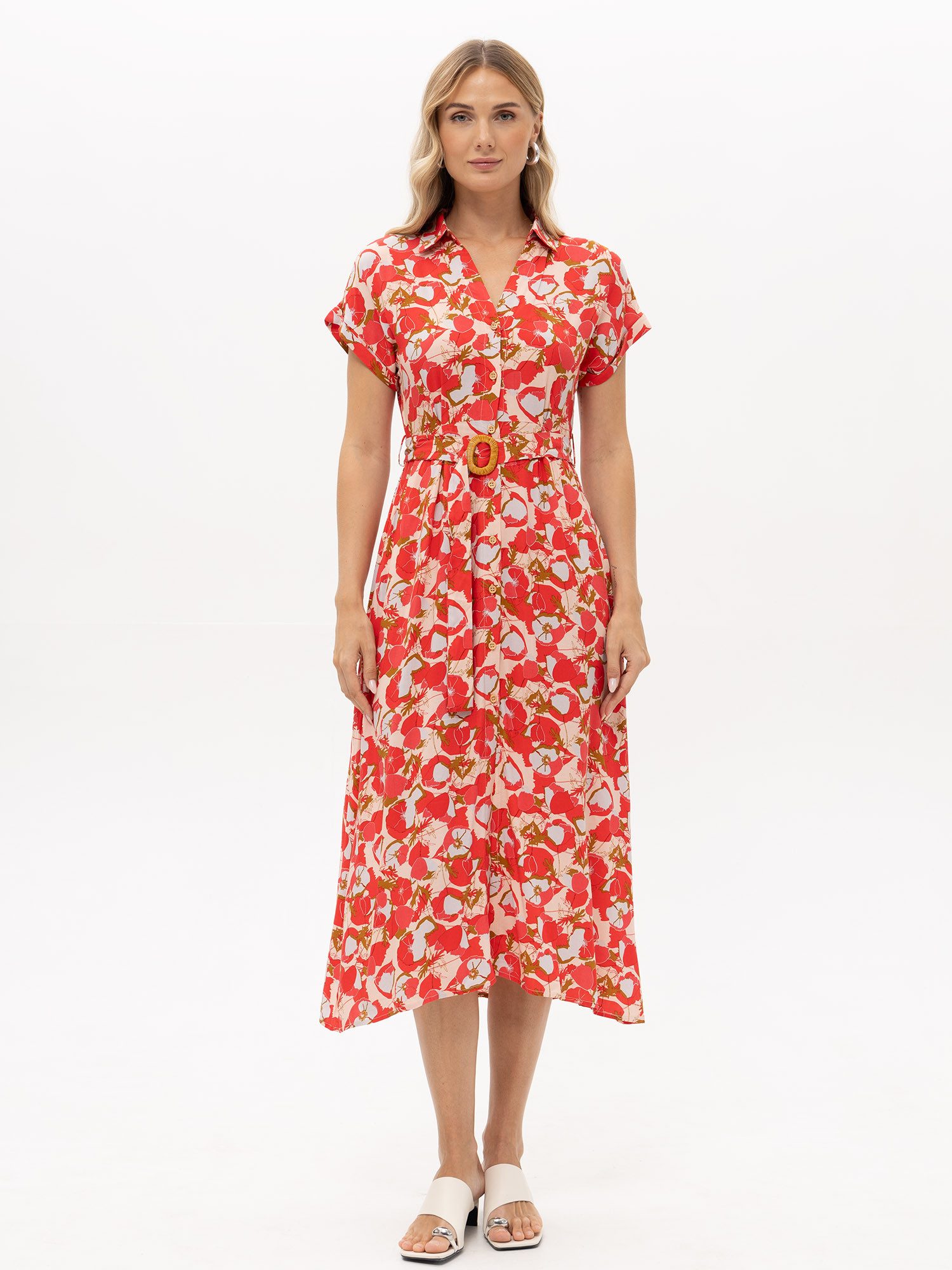 Passioni Hemdblusenkleid mit Blumenprint Sommerkleid mit floralem Print in Rot- Orange – Bild 3 von 5