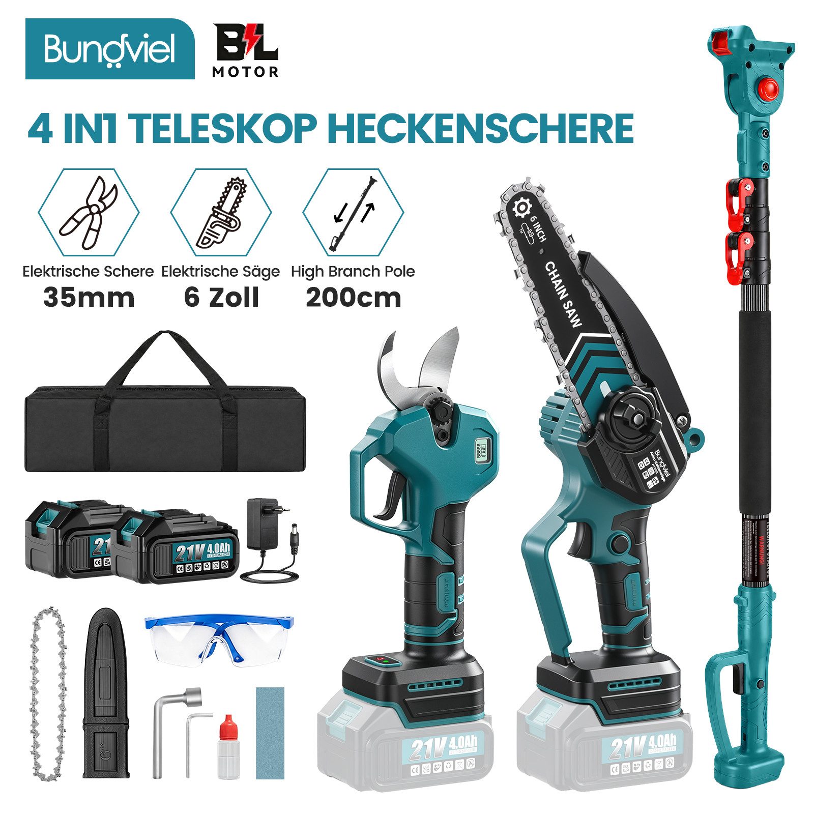 Bundviel Akku-Hochentaster Teleskop Astsäge Astschere Teleskopsäge Akku Kettensäge Hochentaster, bis 235,5 m Arbeitshöhe, Bürstenloser Motor, mit 2× 4000mAh Akku