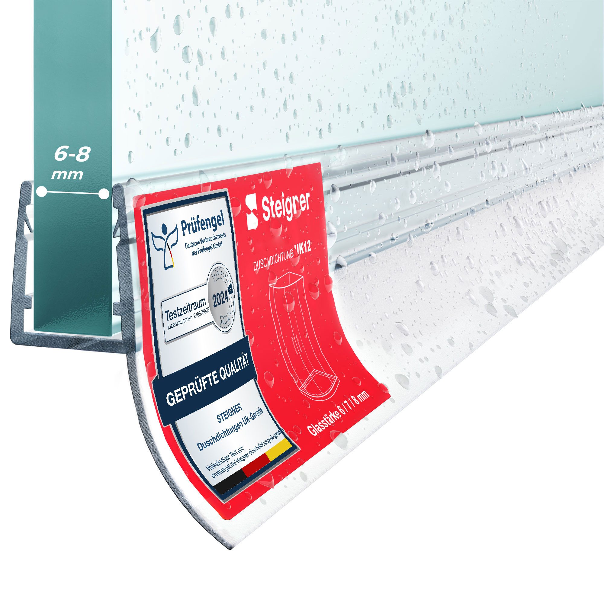 STEIGNER Duschdichtung Duschtürdichtung Gerade UK12 30 cm (1 Stk) Transparent 6-8 mm, L: 30 cm, (1 Stück Packung, Einzeldichtung), Dichtungfür Eckeinstieg Dusche oder Fünfeckdusche mit Duschtür