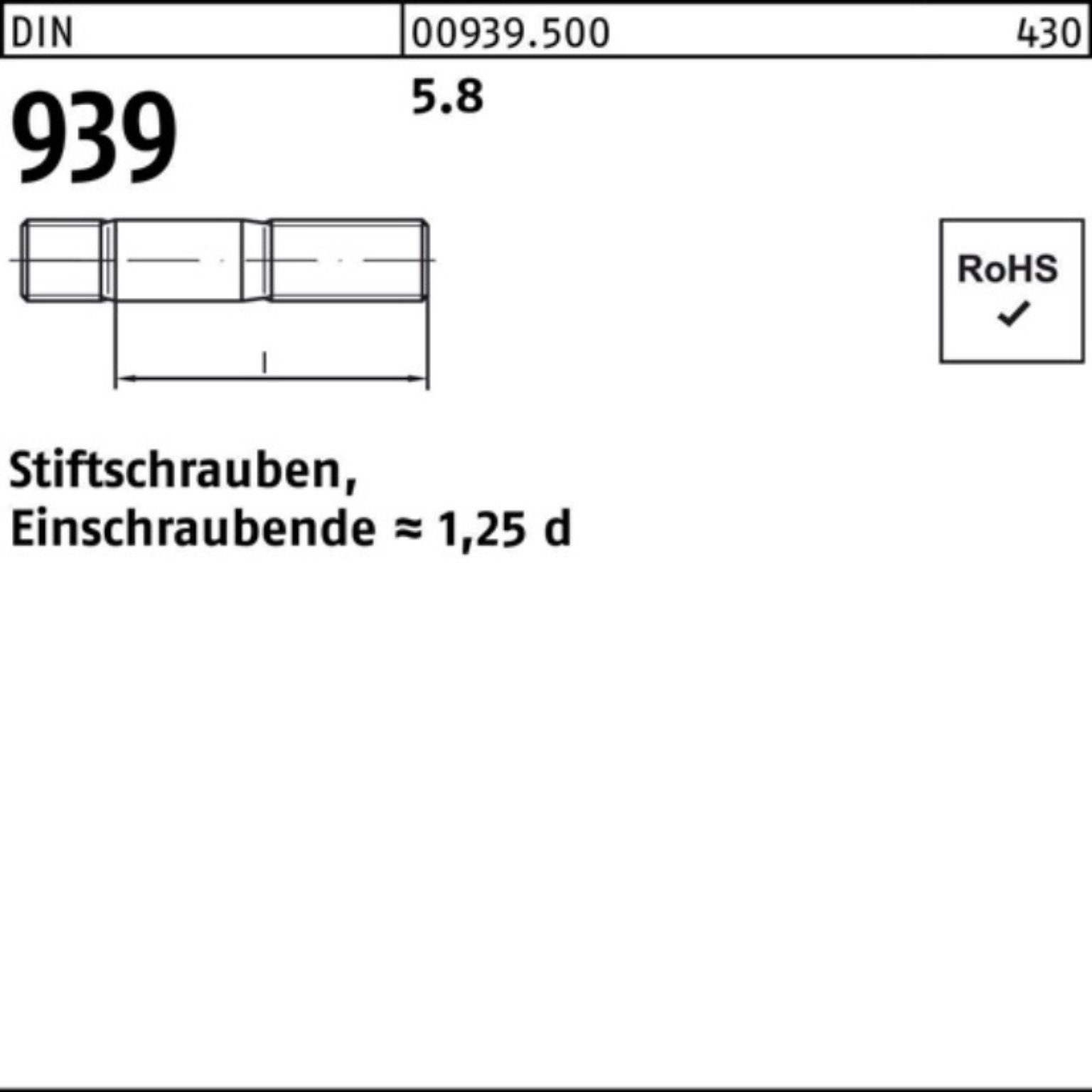 DIN 100er Pack 939 Stiftschraube 5.8 50 S Stiftschraube 65 Reyher M10x Einschraubende=1,25d