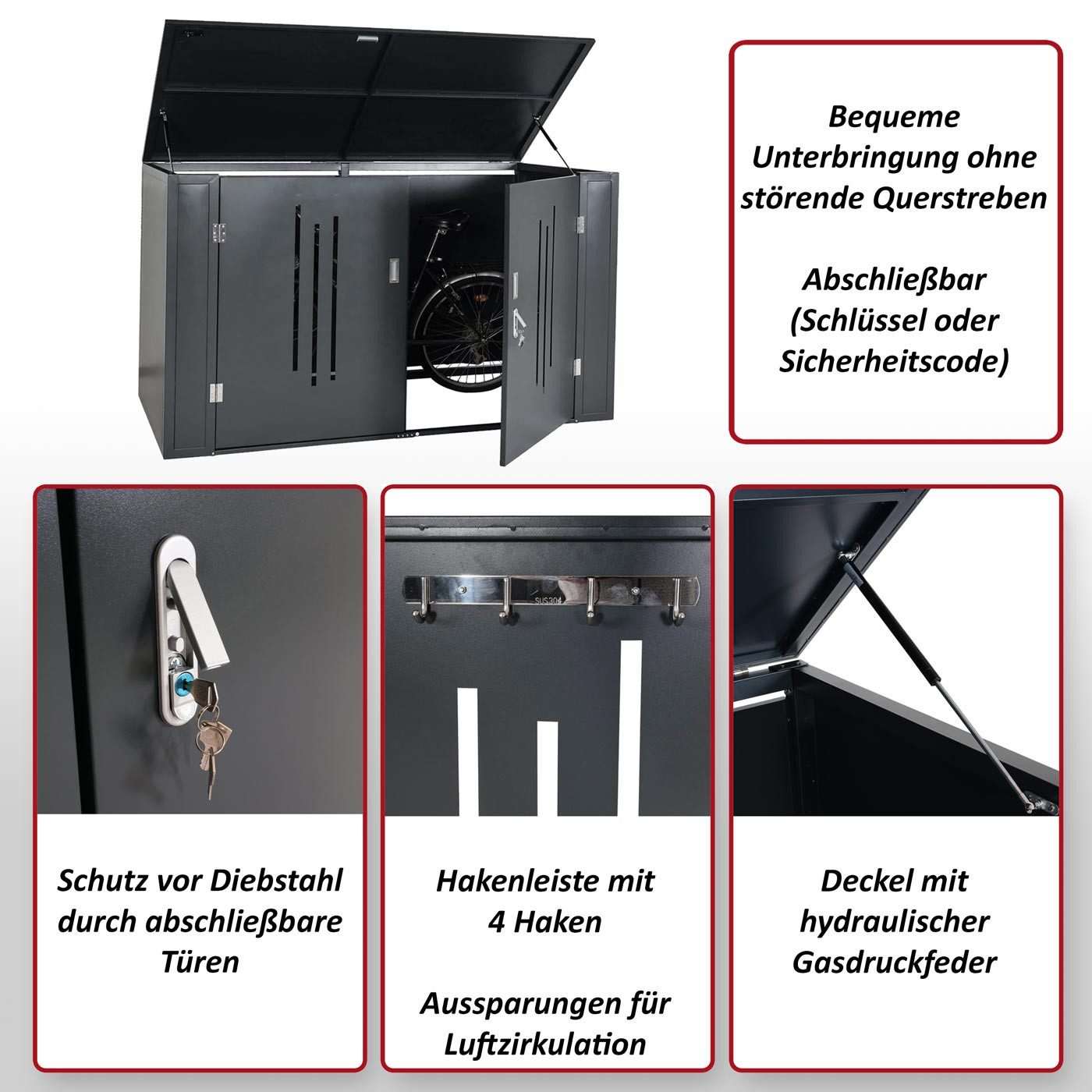 PROREGAL® Fahrradbox 4er-Fahrradgarage 121x202x150cm Anthrazit Fahrradbox mit Deckel