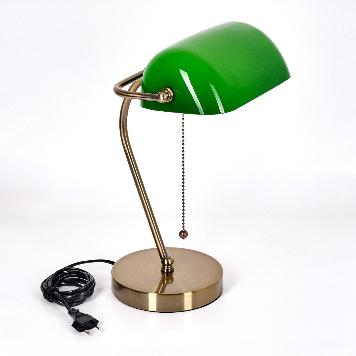 hofstein Tischleuchte Tischlampe aus Metall/Glas in Altmessing/Grün/Weiß, ohne Leuchtmittel, Bankerlampe, Schreibtischlampe mit Zugschnur, 1 x E27 – Bild 5 von 5