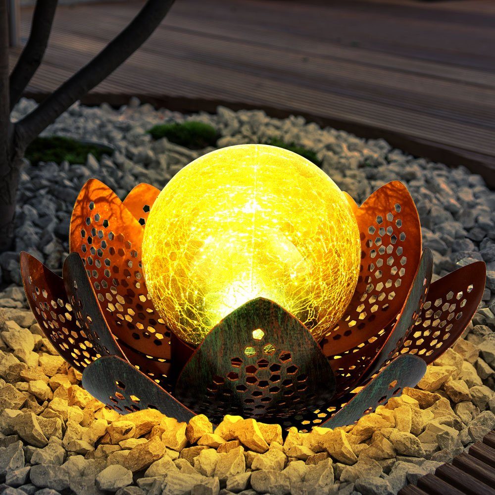 etc-shop Gartenleuchte, LED-Leuchtmittel fest verbaut, Kaltweiß, LED Solar Lotus Blume Deko Lampe Kugel Crackle-Glas Außen