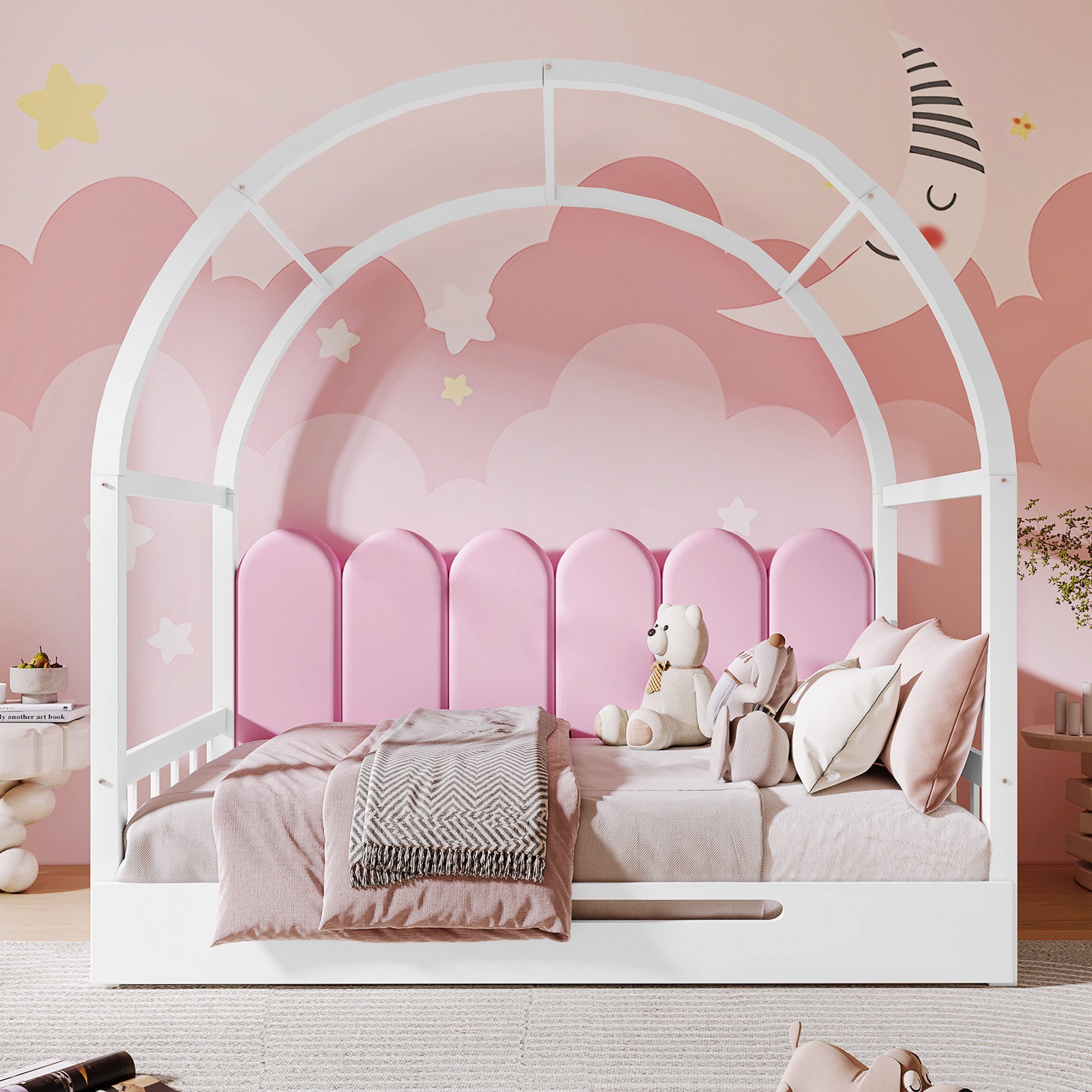 Ulife Jugendbett Ausziehbare Bett Kinderbett mit Samt Zaun-Kissen 140x100cm/140x200cm weiß | rosa