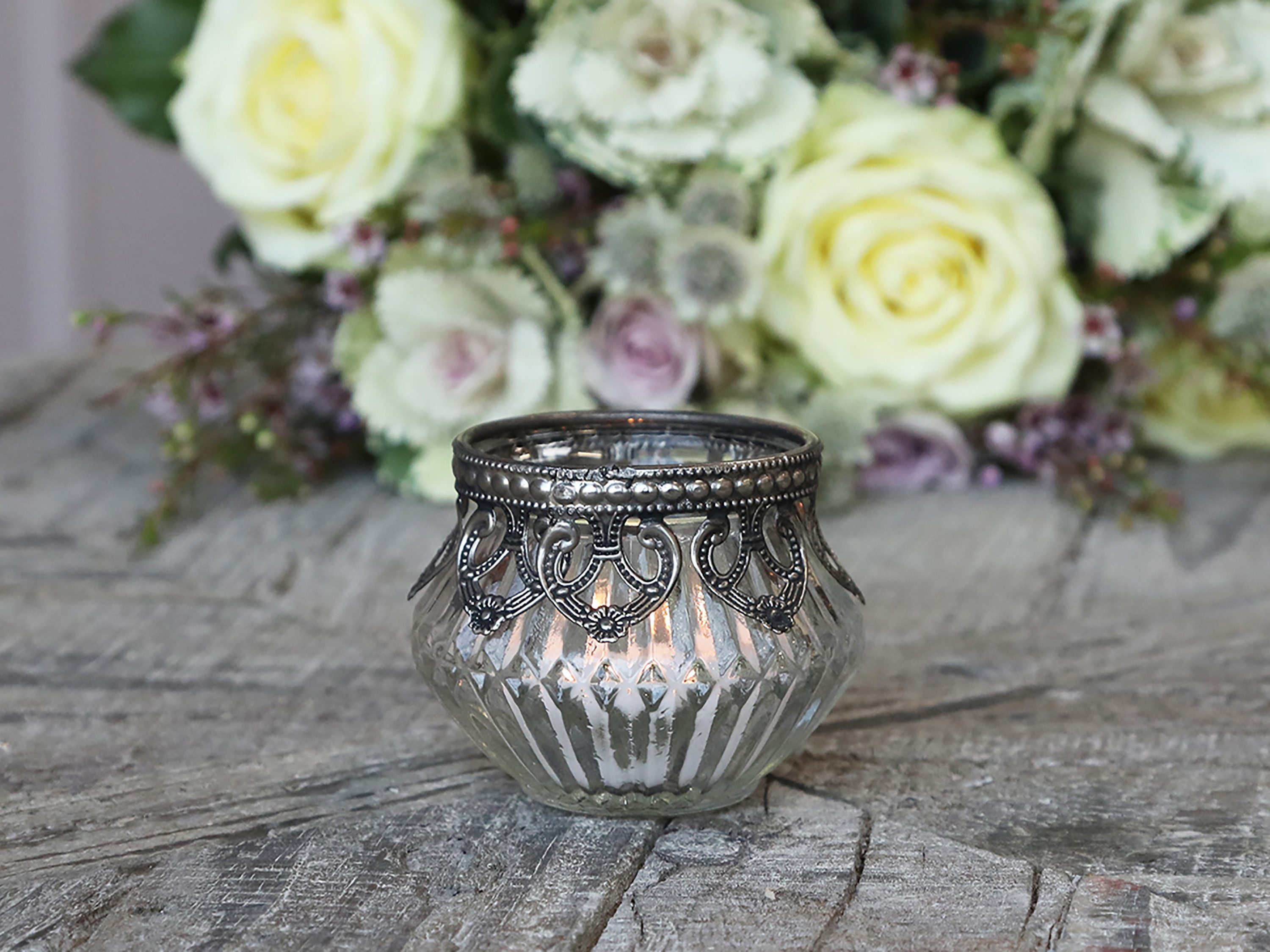 Chic Antique Teelichthalter Teelichthalter aus Glas Kerzenhalter mit Perlenrand Antique, Dekorativ, Edel