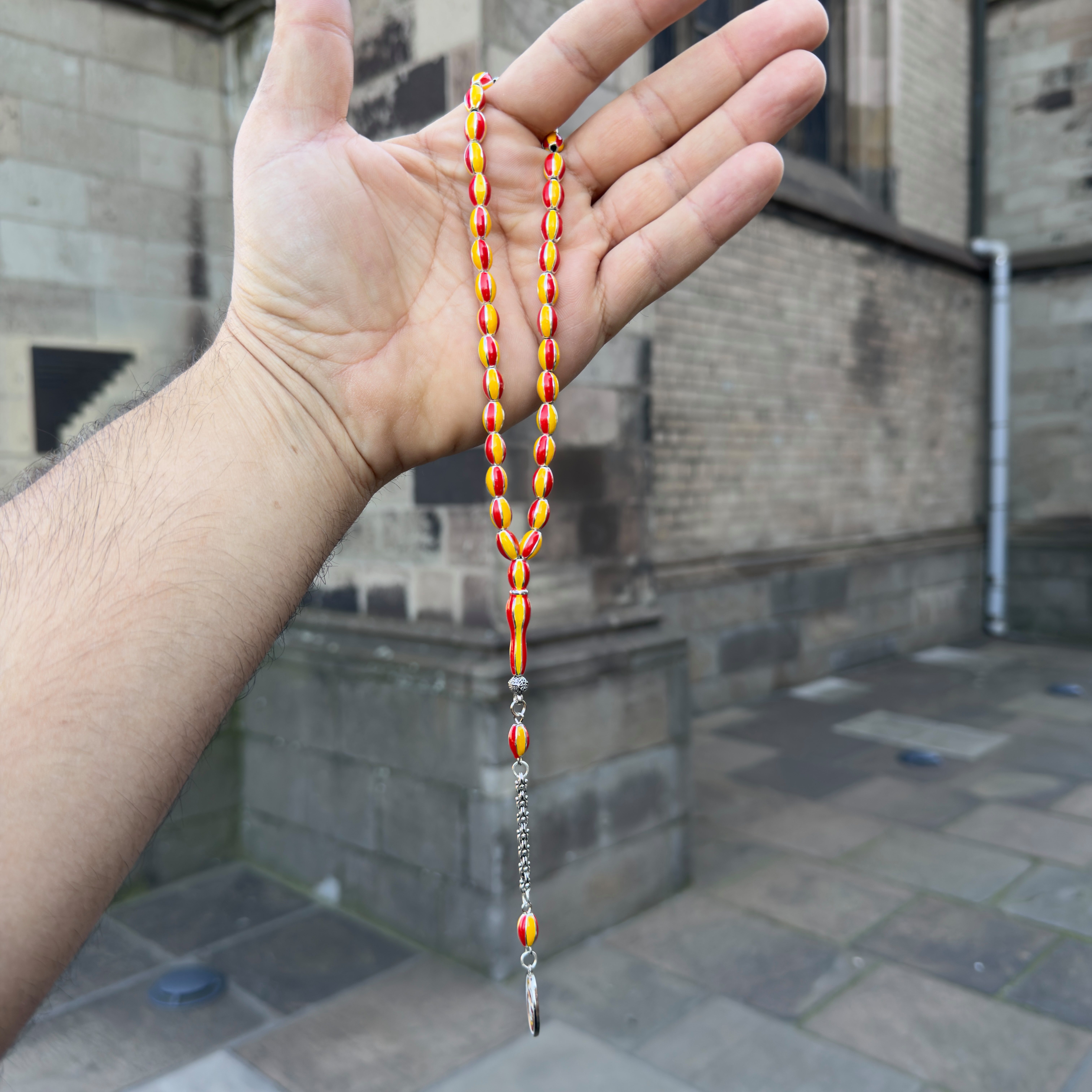 TesbihBid Kettenanhänger Sukru Baba handgefertigte Gebetsketten (33-tlg., islamische Gebetsketten, Tasbeeh Tasbih, gelb-rot, türkisches Metall), Faturan Misbaha Gebetsketten, Galatasaray