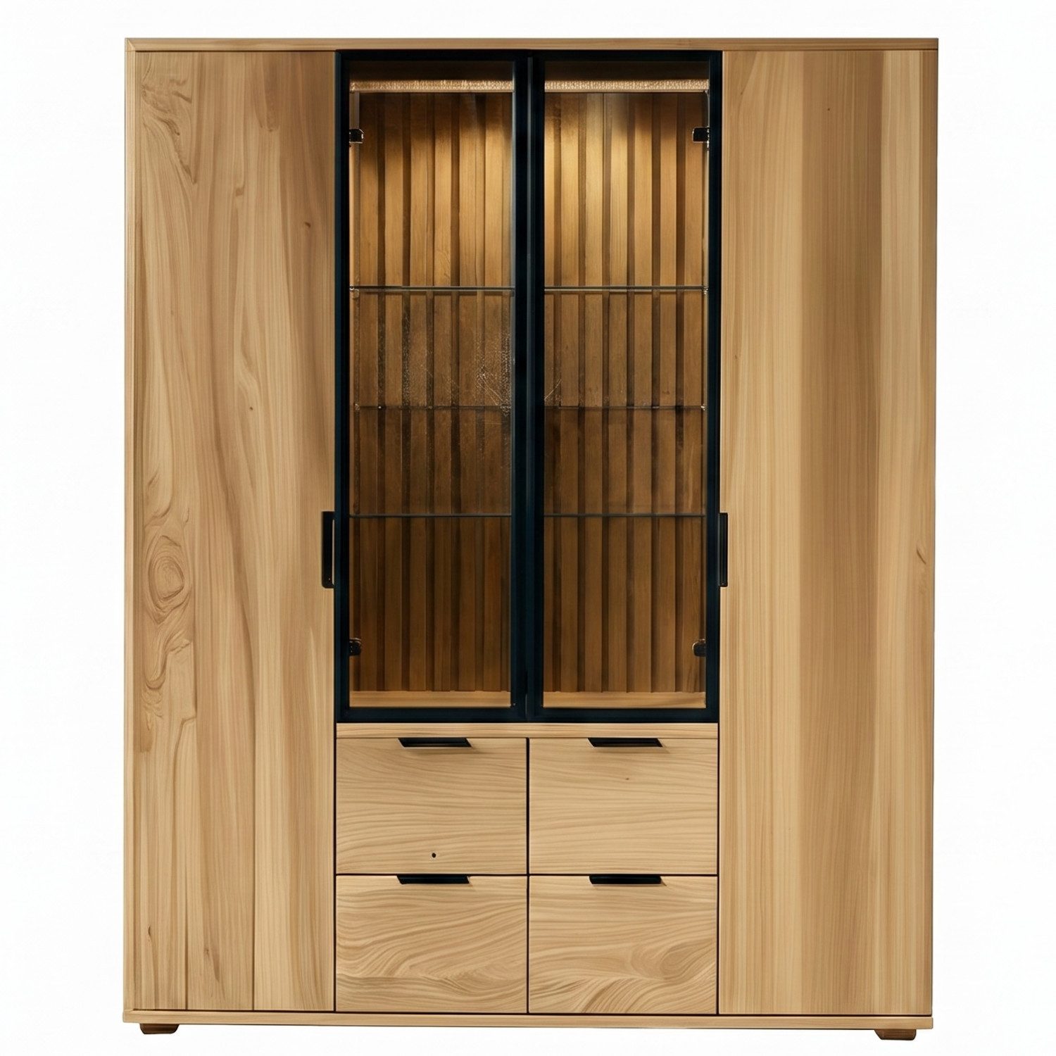 WOLF MÖBEL Vitrine NAMIBIA Highboard 2 Holz-/2 Glastüren/4 Schubladen/Licht (120 x 40 x 140)