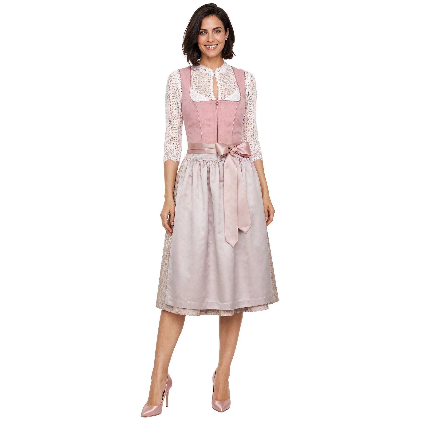 dressforfun Dirndl hochwertiges & elegantes Trachtenkleid Linah Beige/Rosa (Premium Midi-Dirndl, Gr. 46) Ideal für Oktoberfest, Volksfeste, Hochzeiten oder Familienfeiern