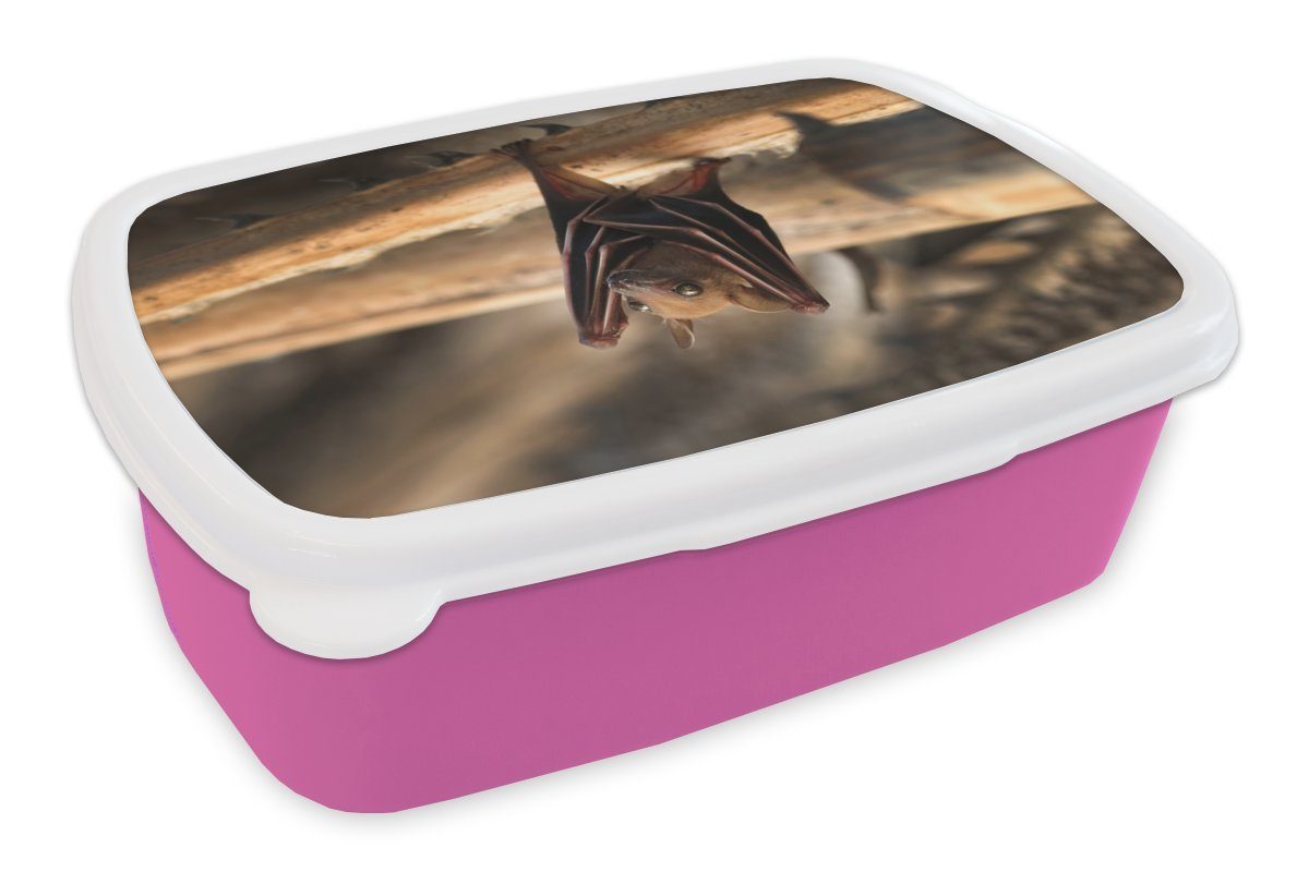 MuchoWow Lunchbox Baby Brotbox rosa für - Kinder, (2-tlg), Kunststoff, Erwachsene, - Mädchen, Fledermaus Snackbox, Holz, Brotdose Kunststoff