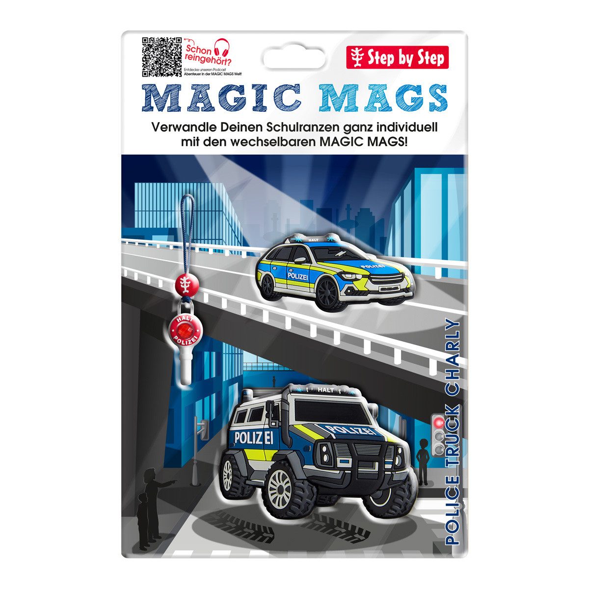 Step by Step Schulranzen MAGIC MAGS, Police Truck Charly 3-teilig (3-teilig), Motivanhänger, Glücksbringer
