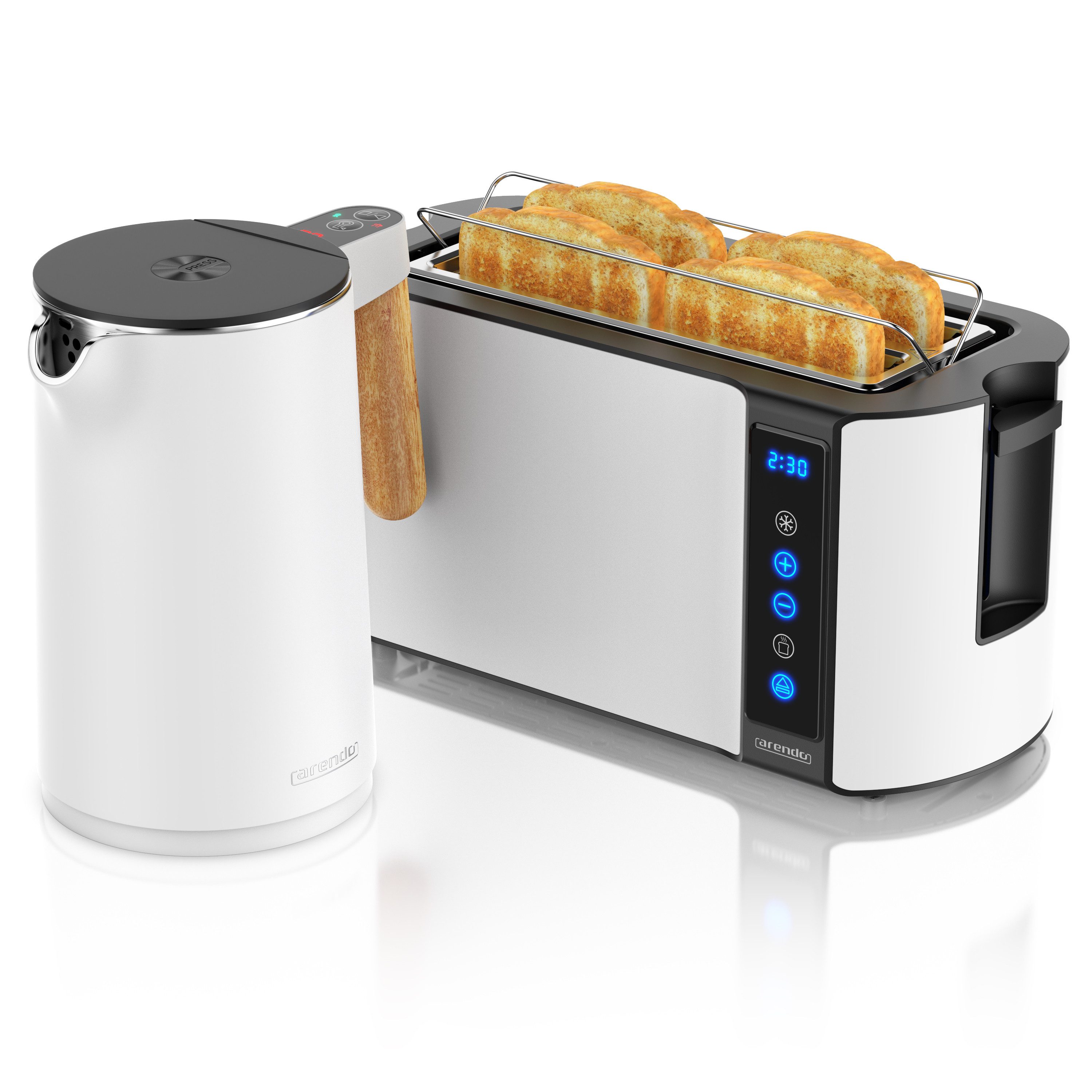 Arendo Frühstücks-Set Edelstahl Wasserkocher 1,5l, 4-Scheiben Langschlitz Toaster, weiß (2-tlg), Wasserkocher mit Temperatureinstellung, Toaster Brötchenaufsatz, Touch