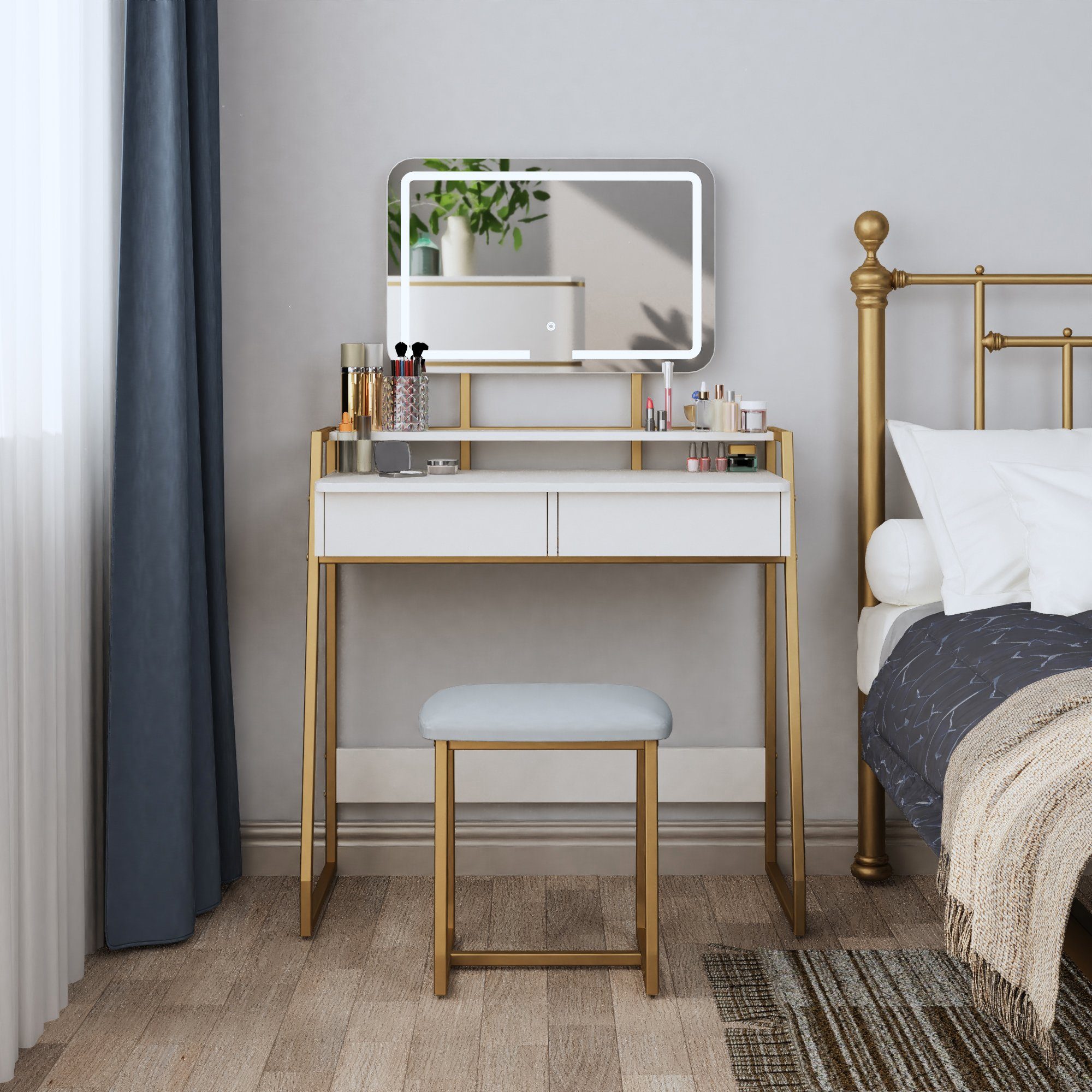 Mondeer Schminktisch Kosmetiktisch-Set(2-St), mit LED Beleuchtung, mit Spiegel einstellbare Helligkeit und Hocker – Bild 3 von 5