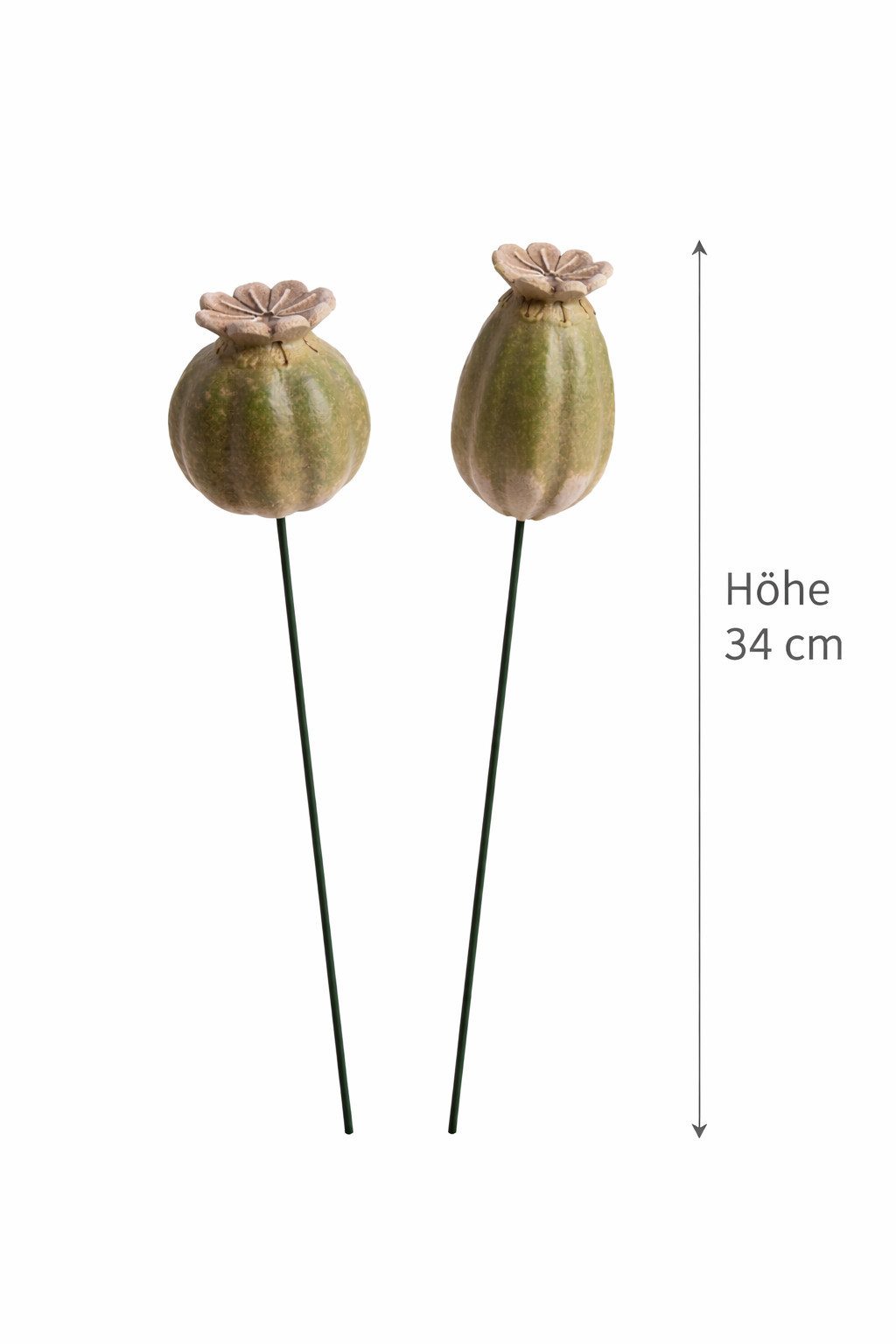 finehomegarden Dekofigur Mohn Mohnkapsel okka-grün Keramik 2fach sort. Gartenstecker Herbst (Set, 2 St., 2 tlg), H34cm + H44cm Stecker Dekoration Herbstdekoration 2Größen wählbar