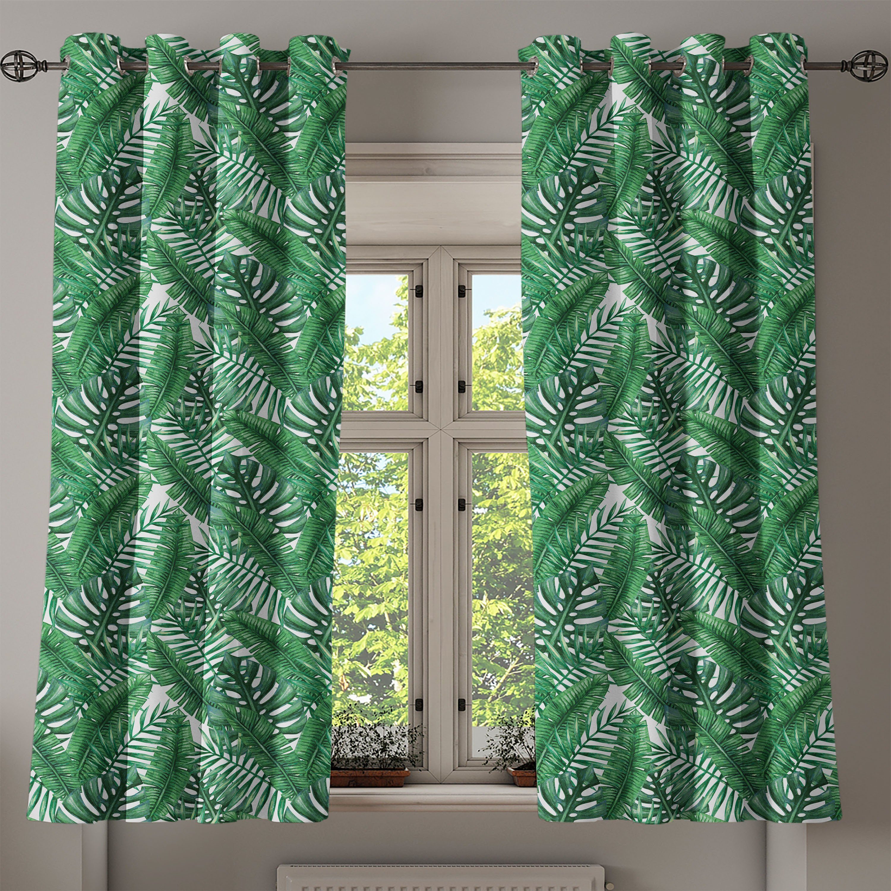 für Aquarell-Dschungel 2-Panel-Fenstervorhänge Palmblatt Abakuhaus, Wohnzimmer, Schlafzimmer Dekorative Gardine