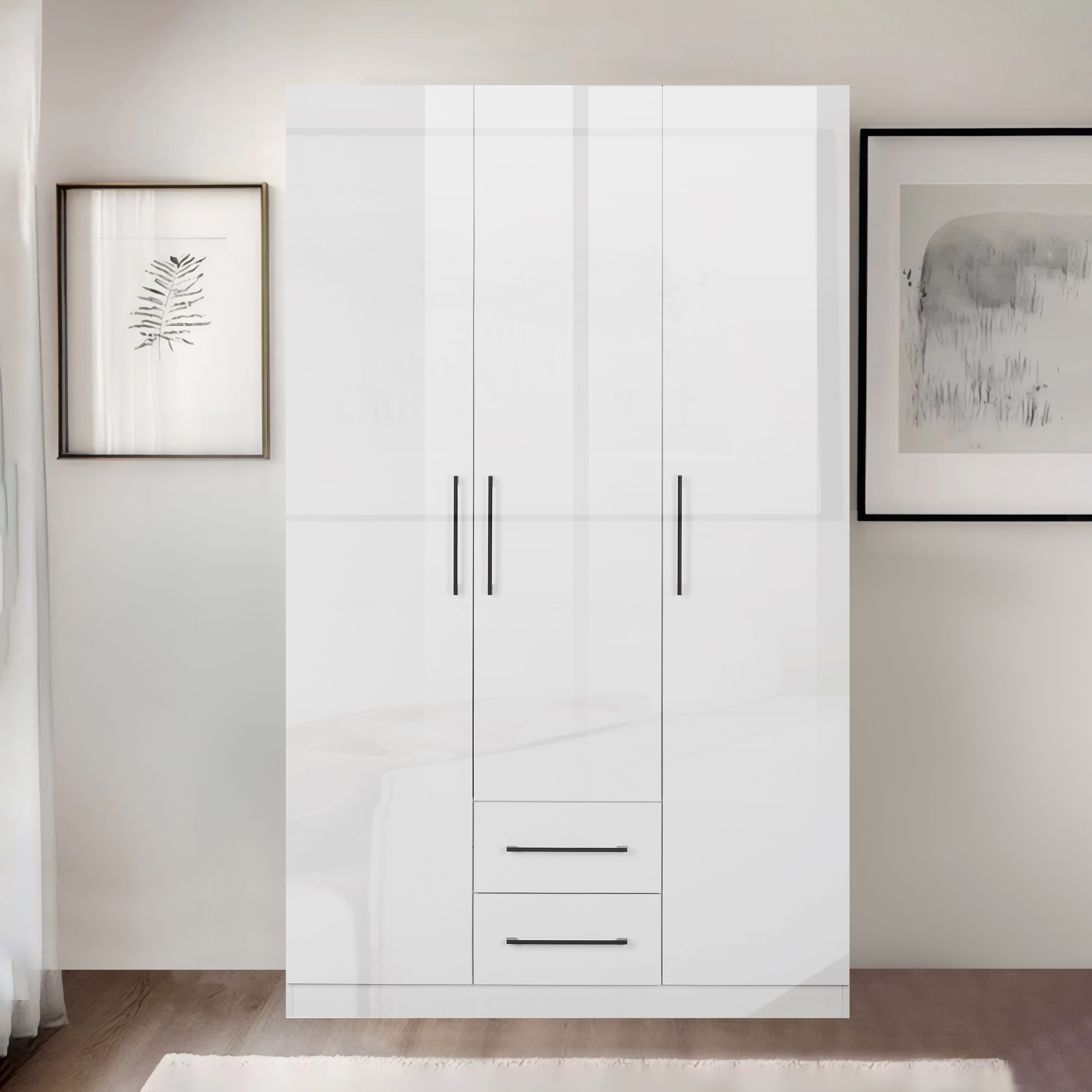 OTTO home Kleiderschrank Sylt Schlafzimmerschrank Garderobe Schrank hochglanz (hochwertige schwarze Metallgriffe) Drehtürenschrank mit perfekter Innenausstattung, Breite 120cm