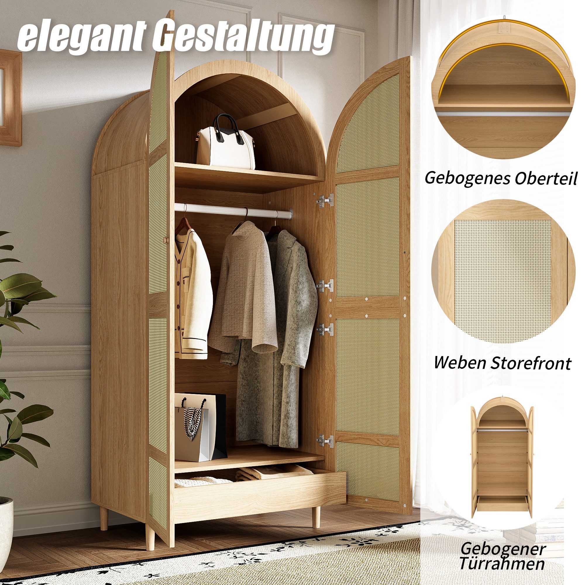 Merax Kleiderschrank mit gebogenen Türen, Rattan-Frontdesign und großem Stauraum (80 L x 50 B x 179 H cm, 1-St) Garderobenschrank Schrank mit Kleiderstange, Abl – Bild 5 von 5