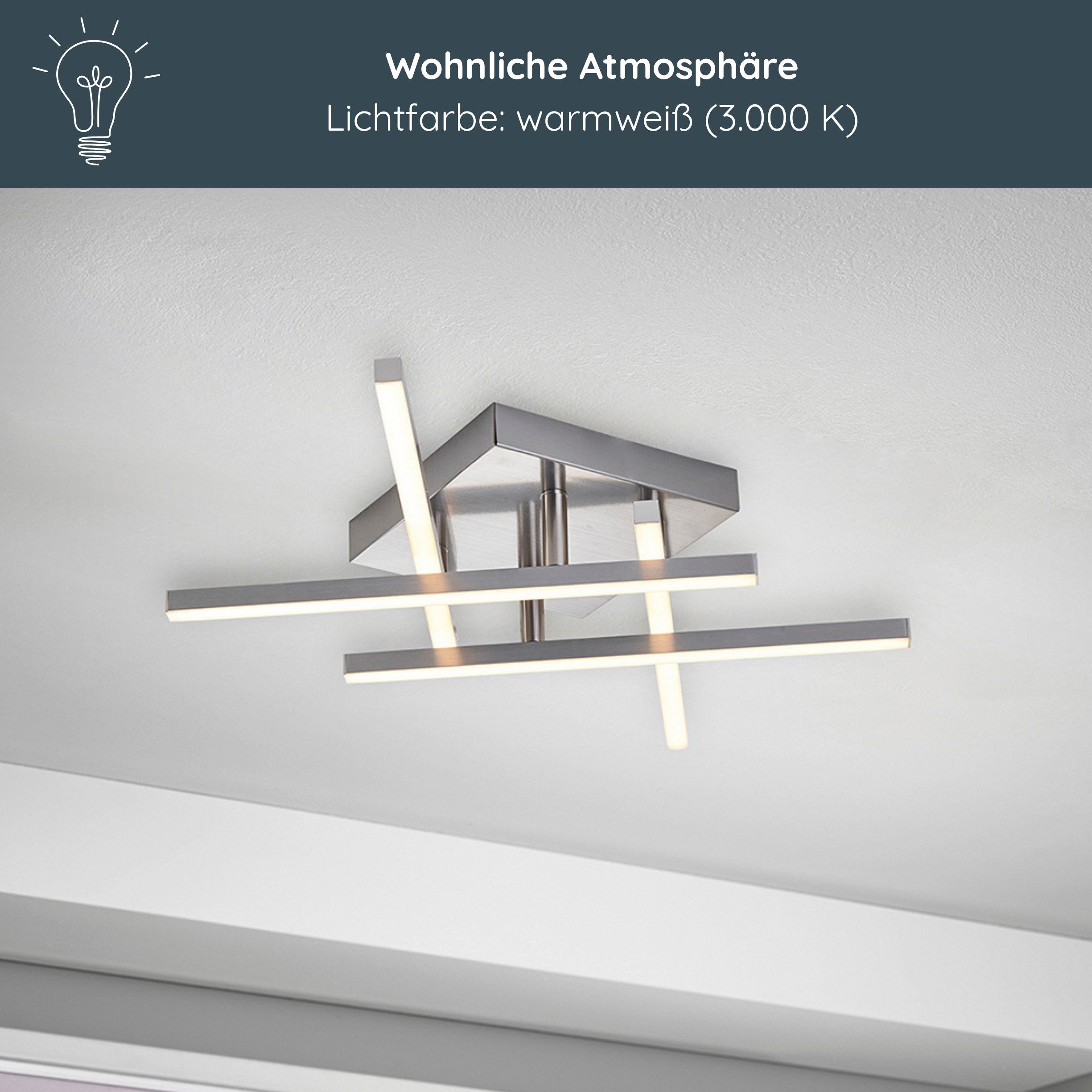 MeLiTec LED Deckenleuchte D121, warmweiß, nickel matt, aus Metall, verstellbare Arme, moderne Deckenlampe eckig