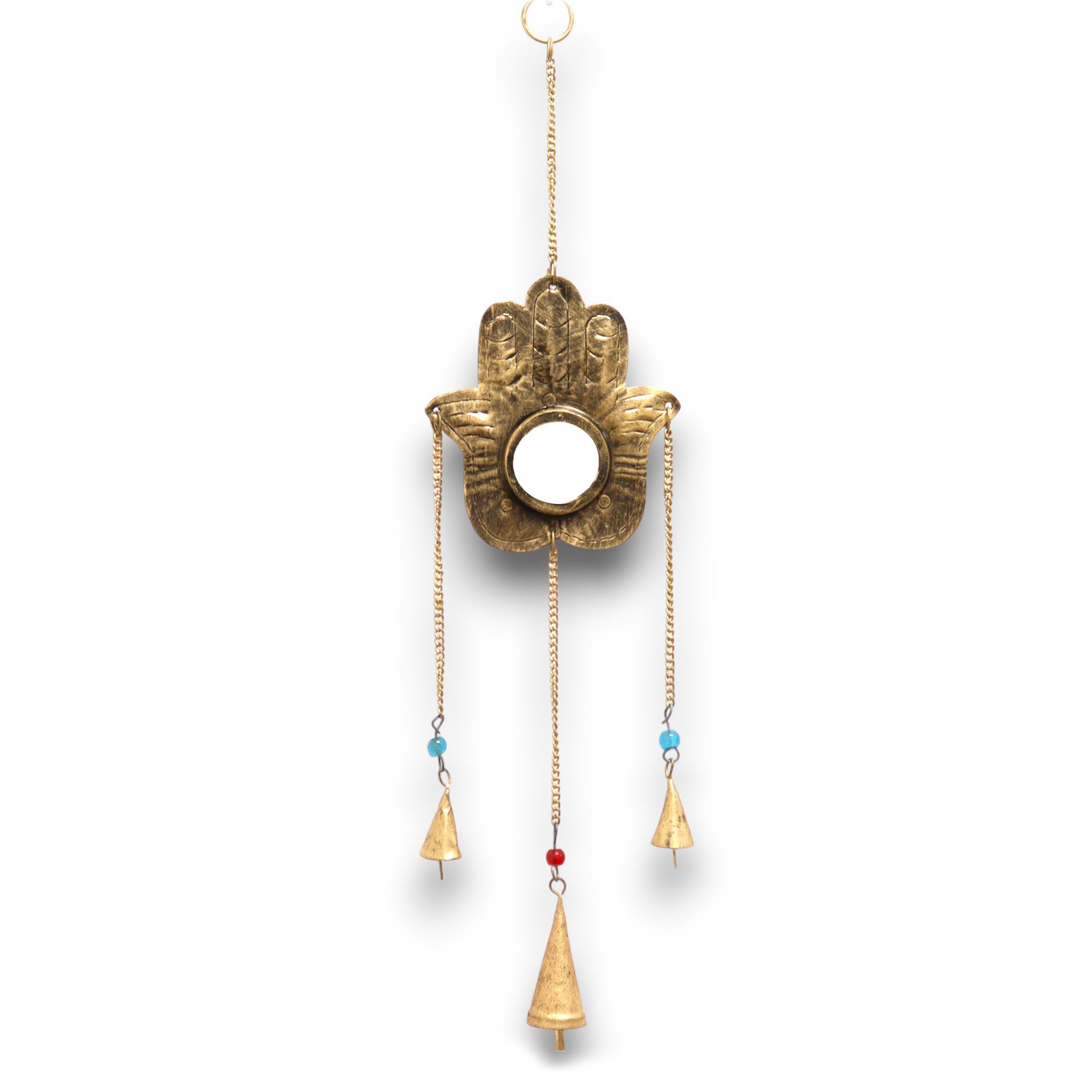 Bali-Homedecor Windspiel Indisches Windspiel - Hamsa Kleiner Spiegel 3 Glocken - 14x55cm