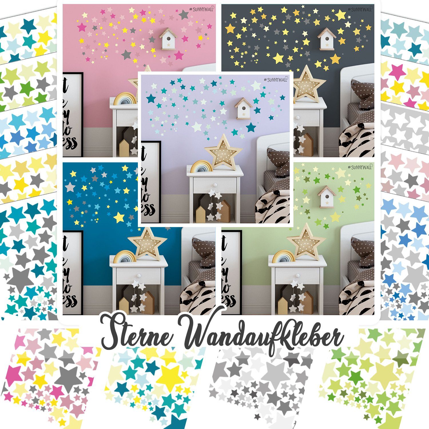 Sunnywall Wandtattoo Sterne Aufkleber Stars Wandsticker bunt, Sternenhimmel Wandtattoo, konturgeschnitten