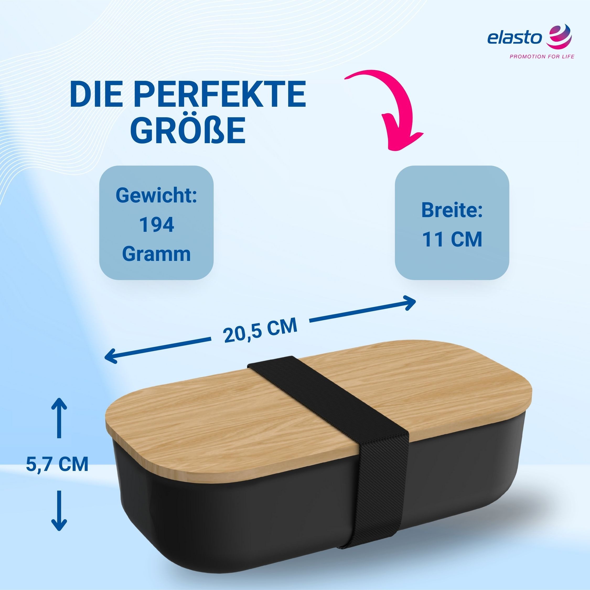 elasto Lunchbox Beech 1300 ml in Schwarz Brotdose mit Elastikband Holz-Deckel