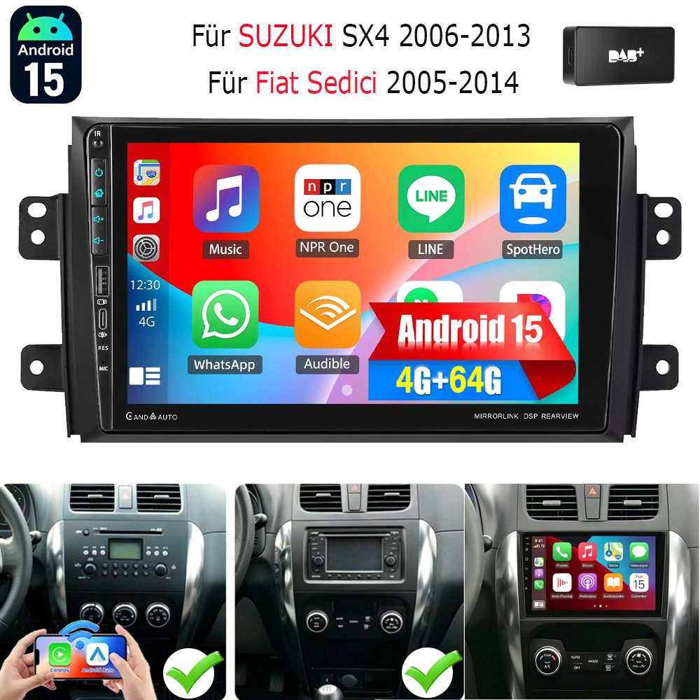 ESSGOO 64G DAB+ Für Suzuki SX4 Fiat Sedici Android15 Carplay GPS Navi mit USB Autoradio (RDS, USB Type-C, 4+64GB(optional), Digitalradio (DAB), FM, AM, Carplay Android Auto Bluetooth EQ USB GPS Navi WIFI Touchscreen)