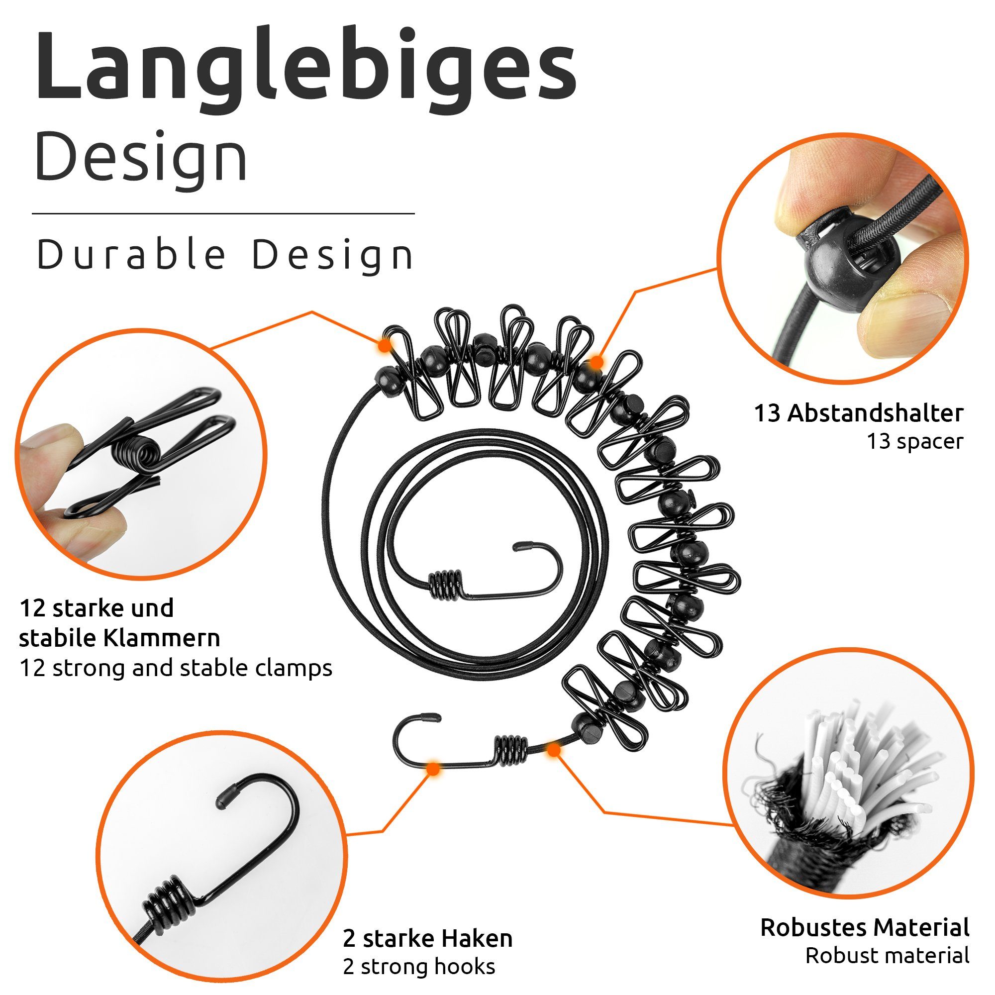 ECENCE Wand-Wäscheleine 2x Flexible Wäscheleine mit 12 Klammern Reise – Bild 5 von 5