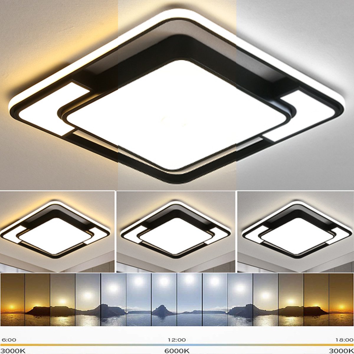 style home Deckenleuchte LED Deckenlampe dimmbar mit Fernbedienung, 90W-Ø42cm, Warmweiß bis Kaltweiß 3000K-6000K, quadratisch 42x6 cm, Schwarz, für Wohnzimmer Büro