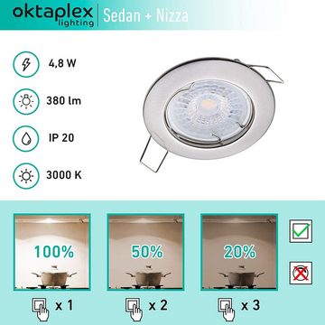 Oktaplex lighting LED Einbaustrahler 3er Set LED Strahler flach inkl. 3er Set LED Module 4,8W 380 Lumen, 3-Step Dimmung, Leuchtmittel wechselbar, warmweiß, 3000 Kelvin 230V silber