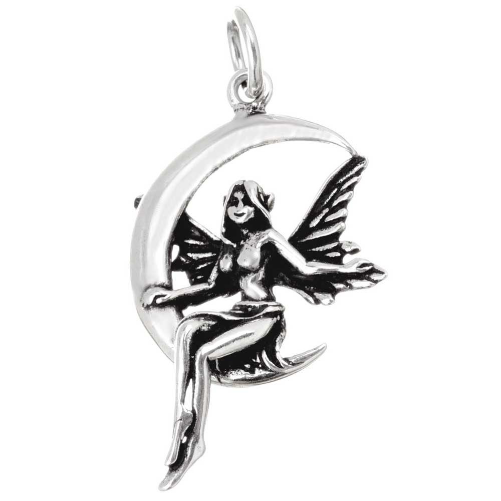 Kettenanhänger Auf Mond sitzende FeeElfe Schmuck Anhänger Silber Elfen Feen 37x26mm